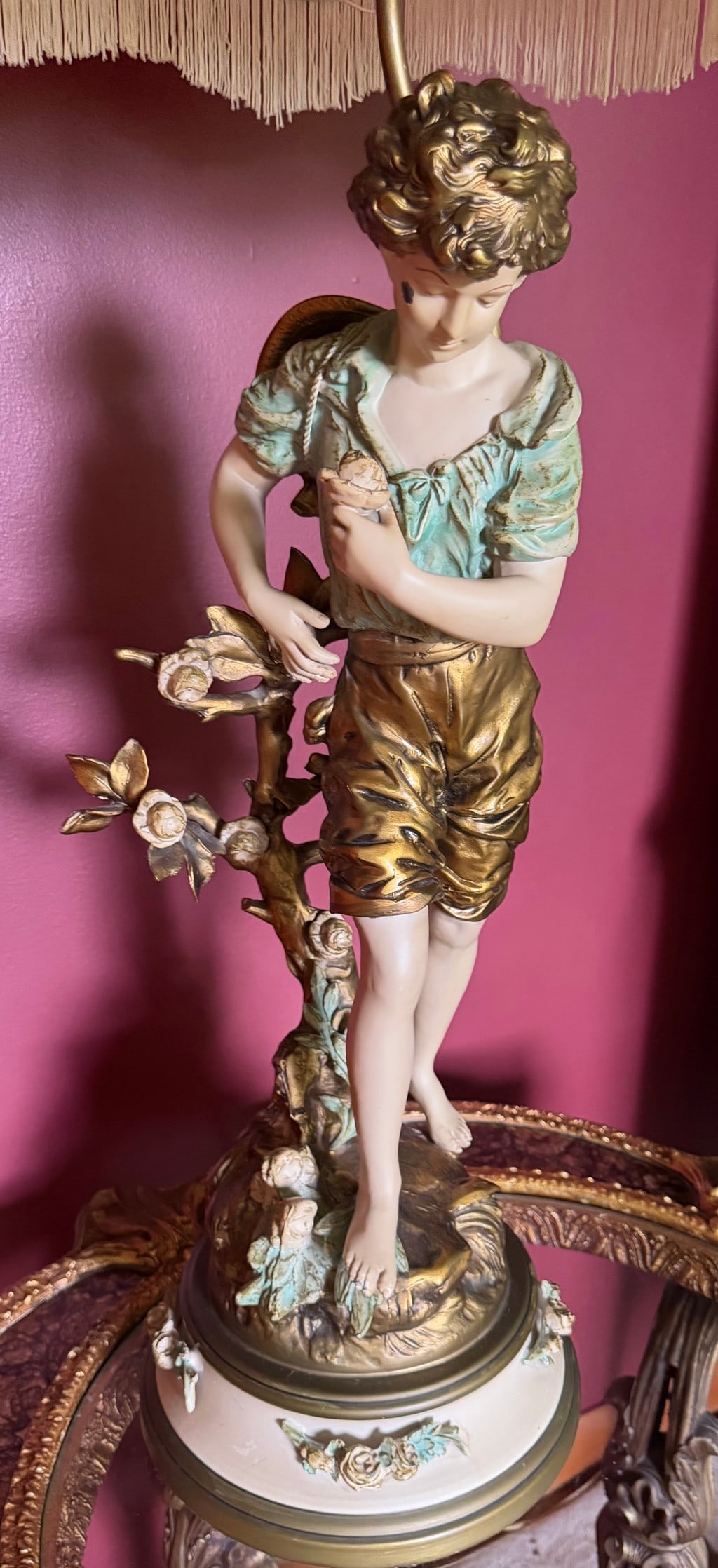 Gilt Bronze and Porcelain Figural Table Lamp with Fringed Shade - 2