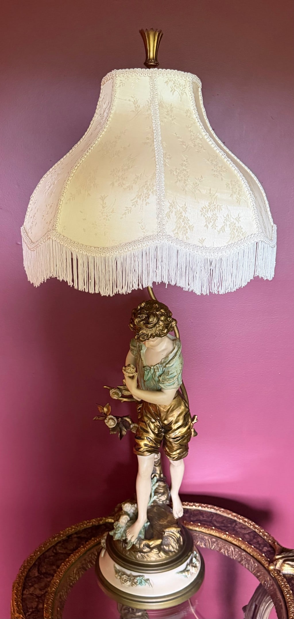Gilt Bronze and Porcelain Figural Table Lamp with Fringed Shade - 3