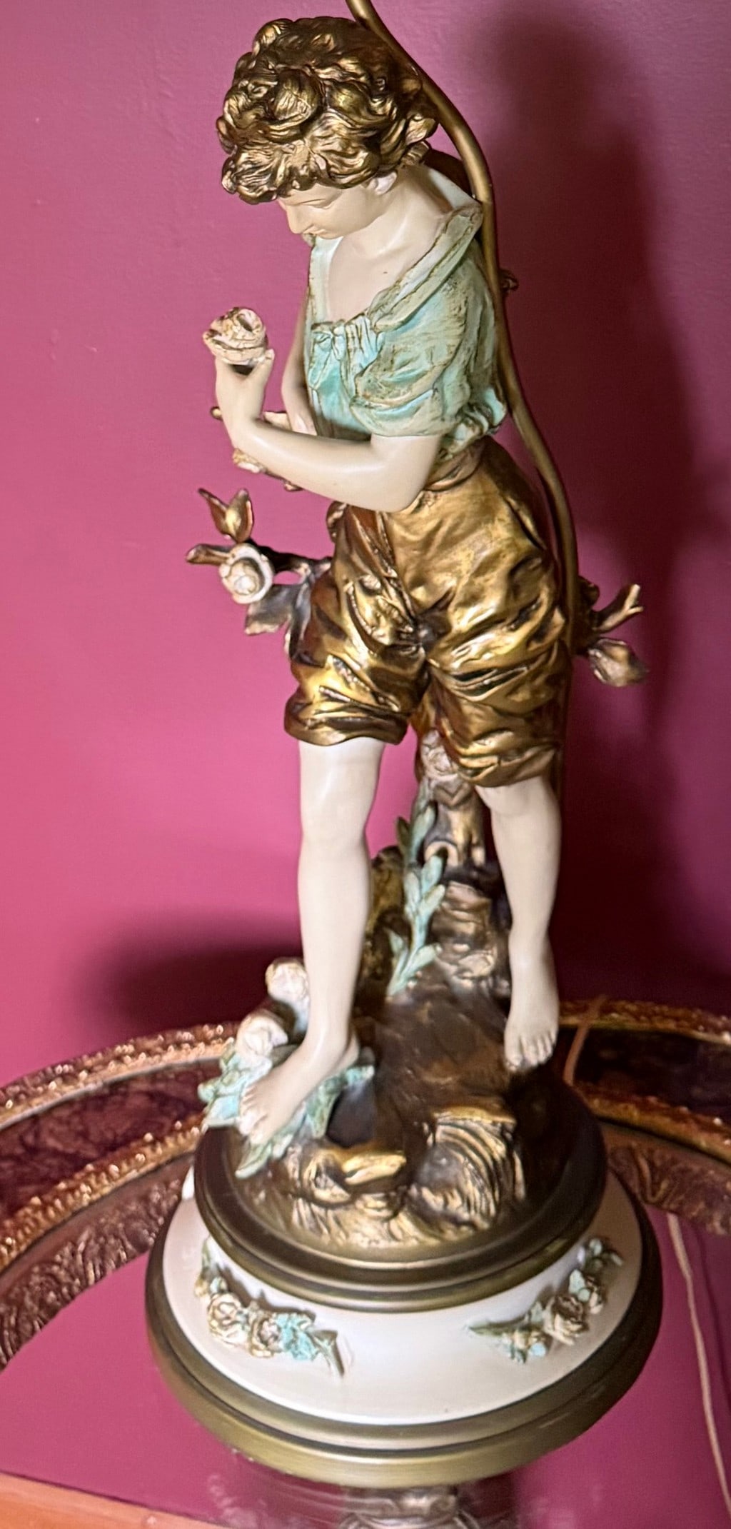 Gilt Bronze and Porcelain Figural Table Lamp with Fringed Shade - 4