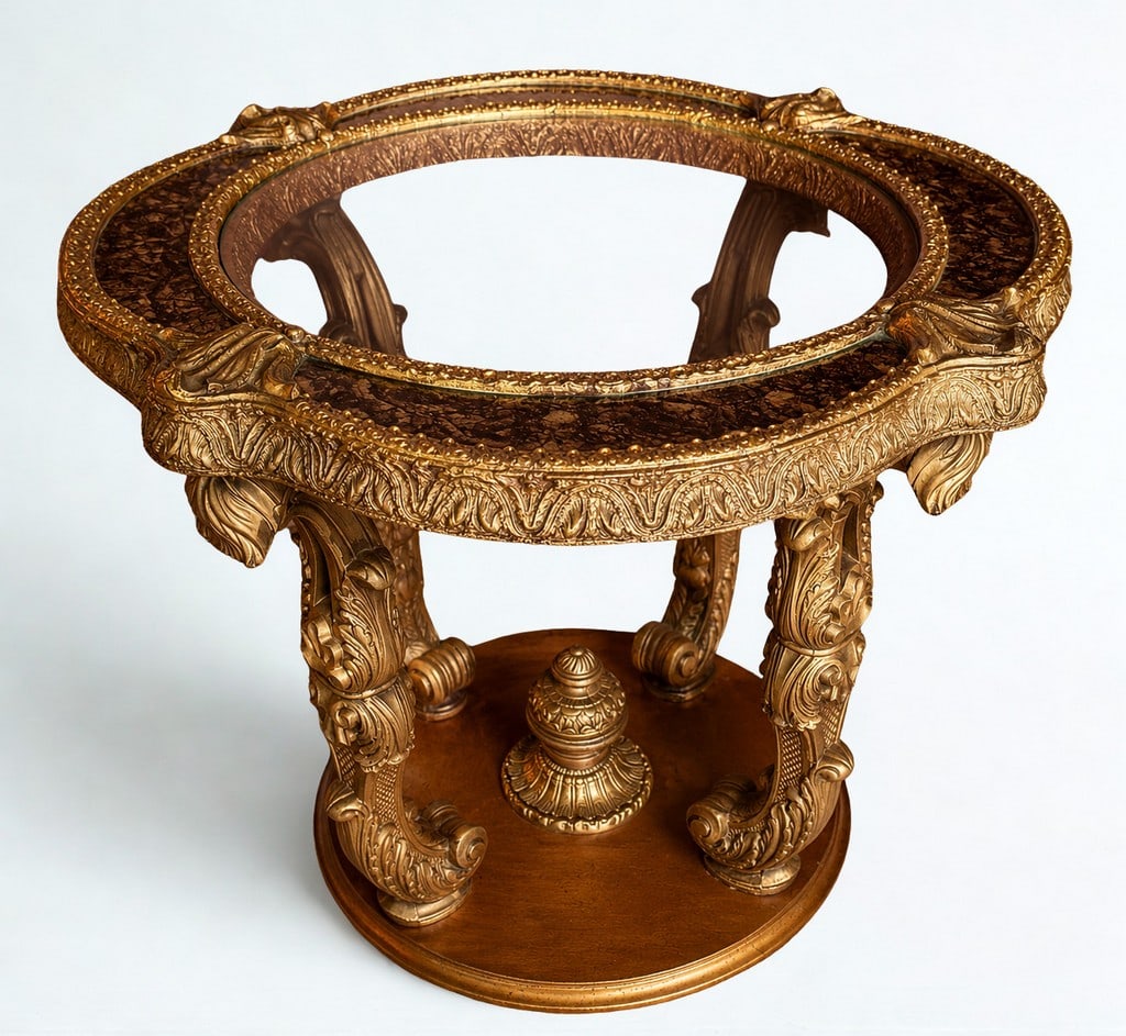 Giltwood and Glass Gueridon in Rococo Style #2: An ornate giltwood and glass gueridon, featuring a circular glass top inset into a highly decorative frame with a faux marble finish and intricate high-relief carving. The frame and the four cabriole