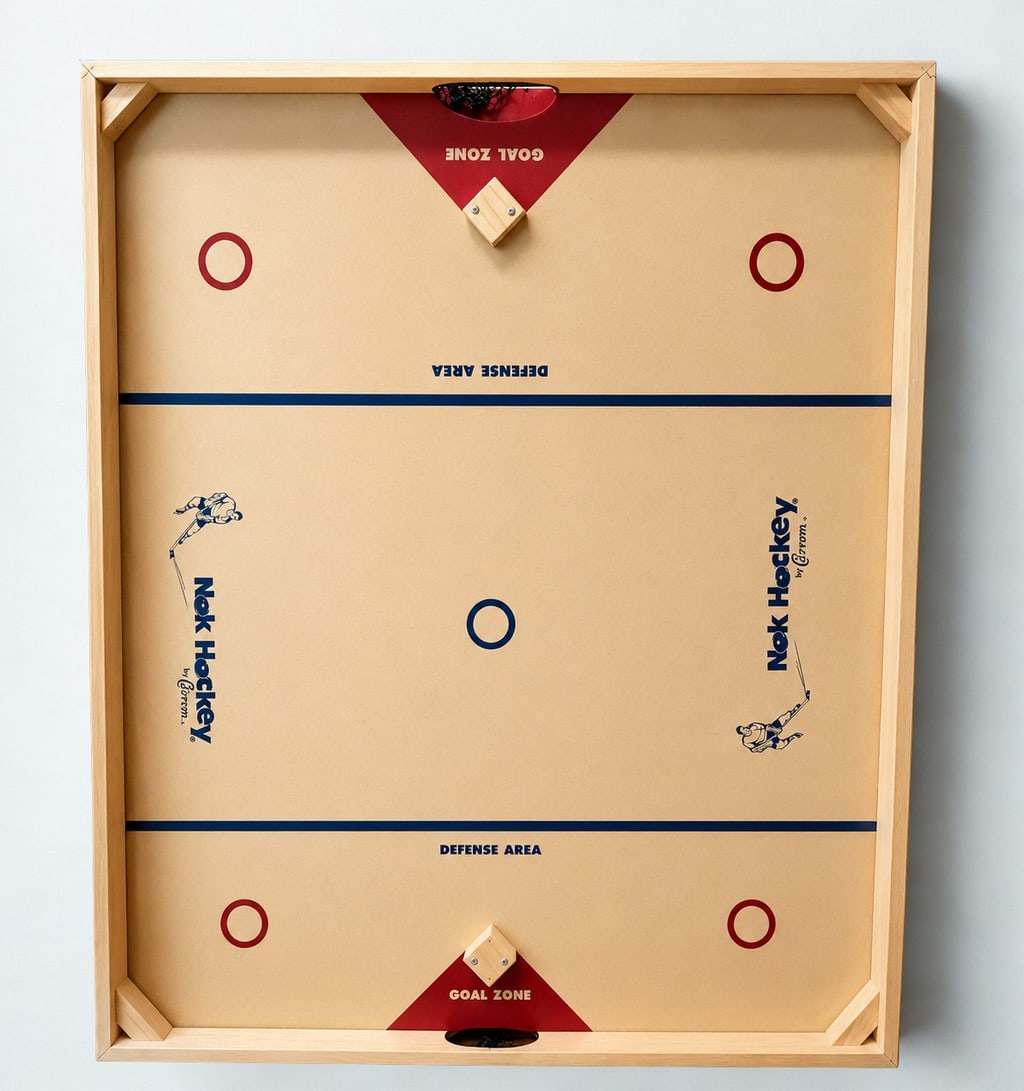 Vintage Nok Hockey Game Board by Carrom: A classic Nok Hockey game board by Carrom, featuring a sturdy wooden frame and a smooth playing surface. The board is decorated with traditional ice hockey rink markings in red and blue, including