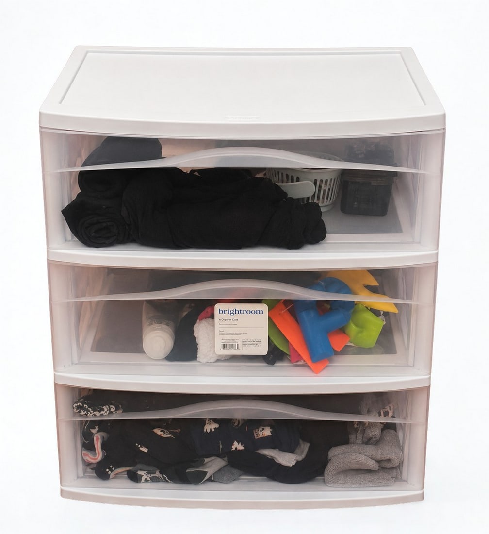 Brightroom 3-Drawer Storage Cart: A practical Brightroom three-drawer storage cart, crafted from durable white and clear plastic. This contemporary piece offers versatile storage with deep, pull-out drawers, suitable for various