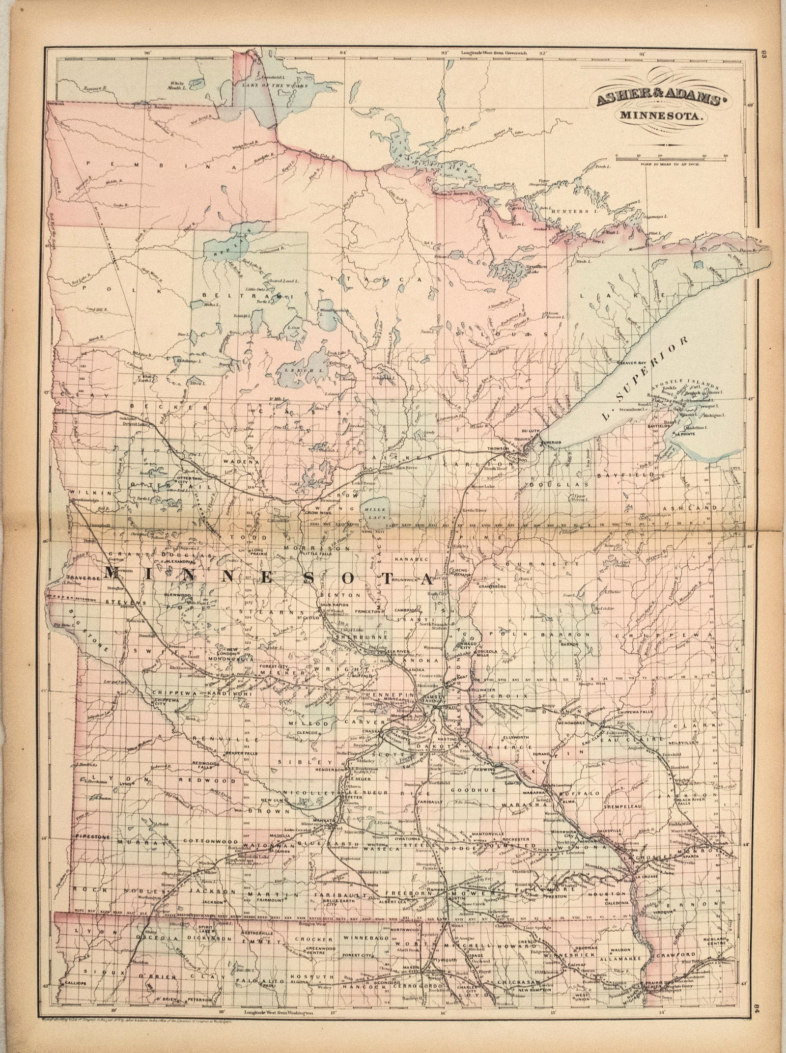1872 Asher and Adams Map of Minnesota -- Asher & Adams' Minnesota (1 of 1)