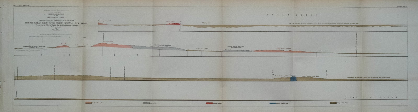 1853 Geological Plan for Pacific RR of the San Bernandino Mountains CA -- Geological Section of the: Title:1853 Geological Plan for Pacific RR of the San Bernandino Mountains CA -- Geological Section of the Bernandino Sierra,li>Cartographer:W Blake / R Williamson Year/Place:1853 Washington DC Map
