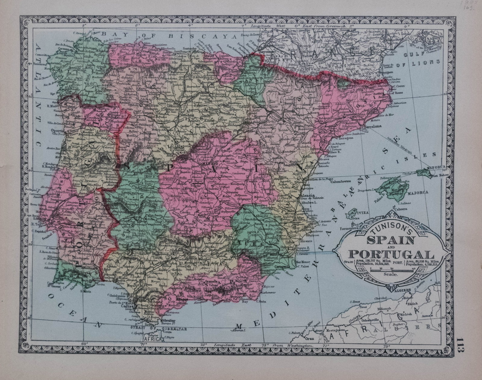 1885 Tunison's map of Spain, Portugal; verso NL, B, DK -- Tunison's Spain and Portugal; verso (1 of 2)