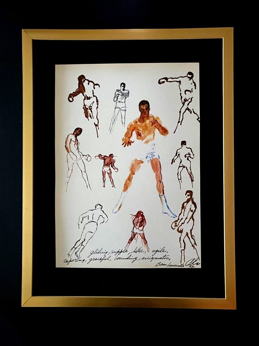 LEROY NEIMAN + MUHAMMAD ALI + CIRCA 1970'S + SIGNED PRINT FRAMED: We have for Sale this LEROY NEIMAN AWESOME 1970'S PRINT AFTER THE SKETCH OF " MUHAMMAD ALI " SIGNED IN THE PLATE FULL OF COLOR PRINT SIZE OF THE PRINT IS ABOUT 13 X 10 in FRAME COVERS AN AREA OF 17 X