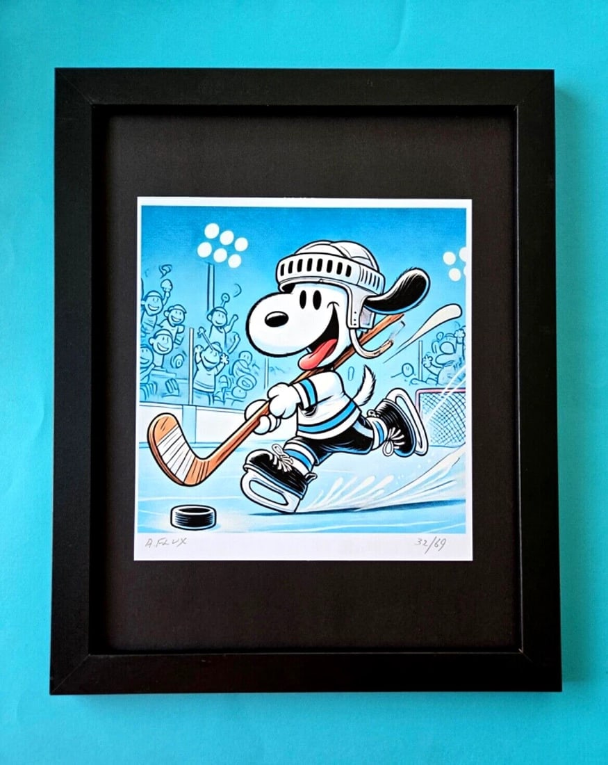 AIDAN FLUX Hand Signed Authentic LtdED Print Framed SNOOPY PLAYS HOCKEY COA: This is a one-of-a-kind Hand Signed Authentic Giclee by AIDAN FLUX. From his Famous Series " SNOOPY" The print is 10x8in., measuring framed 14 inches in height and 11 inches in width, it comes framed