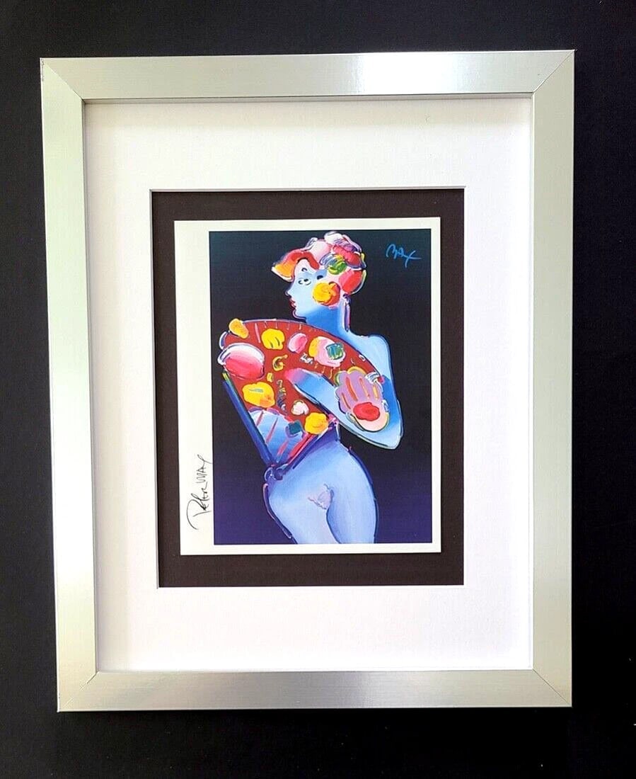 Peter Max | Vintage Figure Print Signed | Matted Mounted & with New Silver Frame: Up for Auction this Beautiful and Scarce Vintage Offset Lithograph after Peter Max Facsimile Signed Art Print is about 9 X 6 in. This piece is mounted on a 11 x 14 in. black acid free black board.