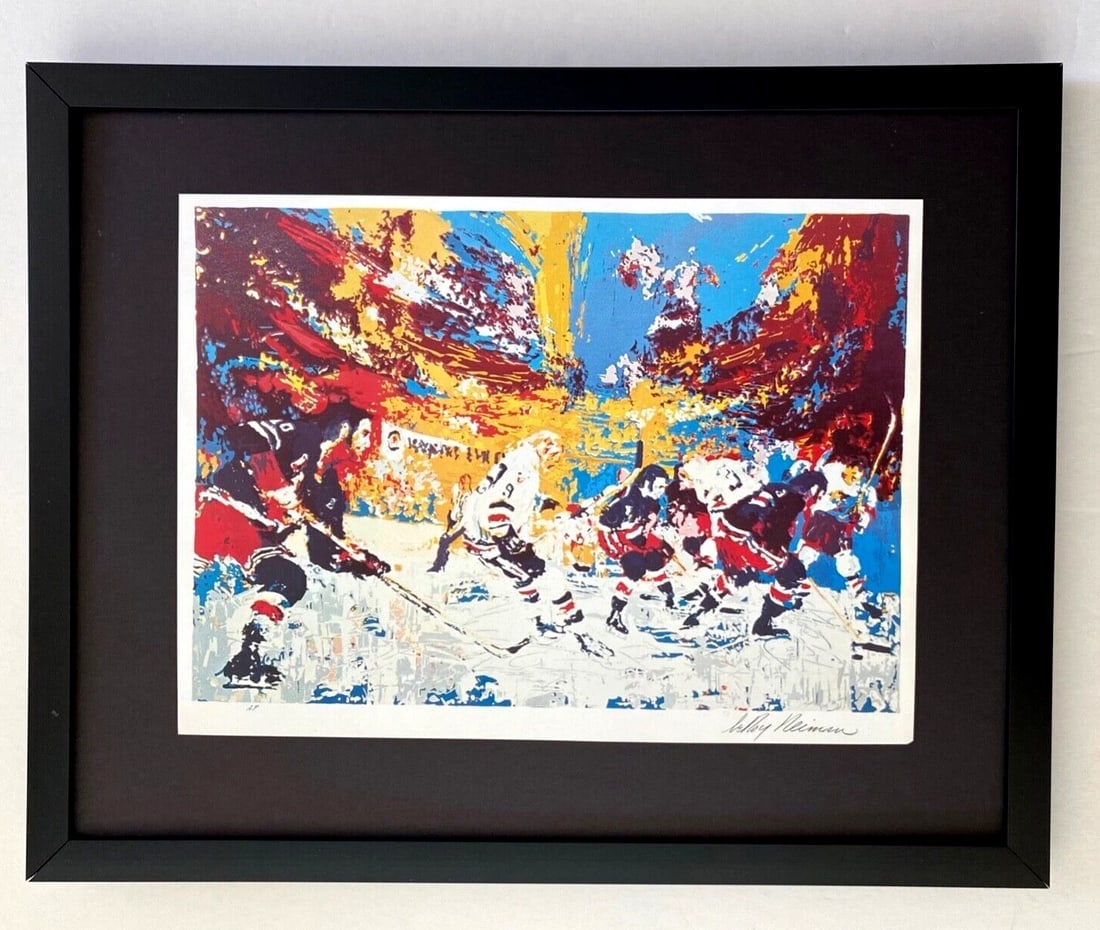 LeRoy Neiman " Hockey " Signed Pop Art Mounted and Framed: Beautiful and Scarce Original 1991 Print After Leroy Neiman " Hockey" Signed on the Plate This piece is mounted on a 11 x 14 in. black acid free premium black board. Framed covers an area of 15x12in.