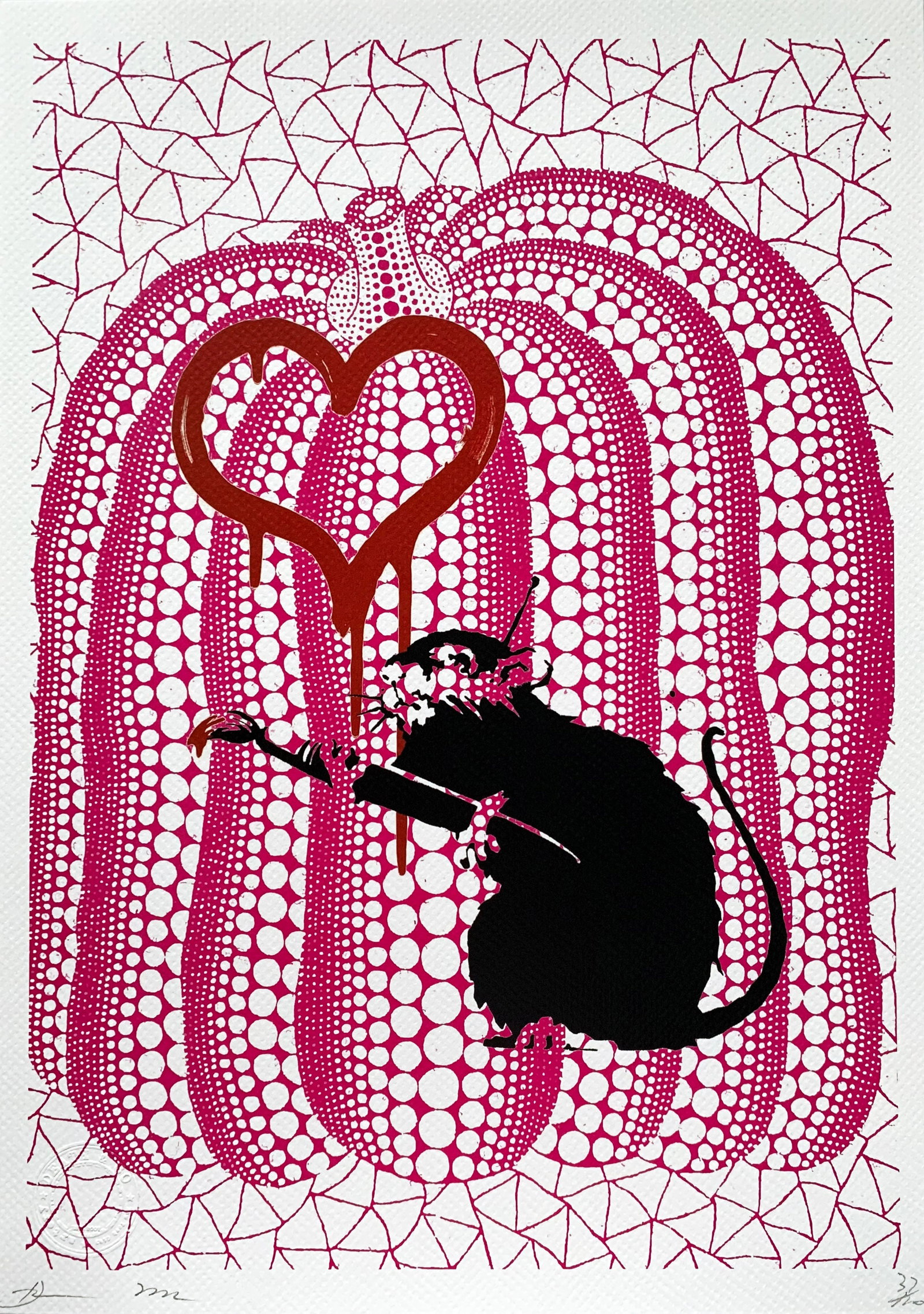 Death NYC Banksy Rat Kusama: Title:Death NYC Banksy Rat Kusama Date/Period:21st Century Materials:Giclee on Fine art 300 gsm paper Size:17 3/4 x 12 1/2 inches Description:Artist: Death NYC, limited edition giclee on paper, out