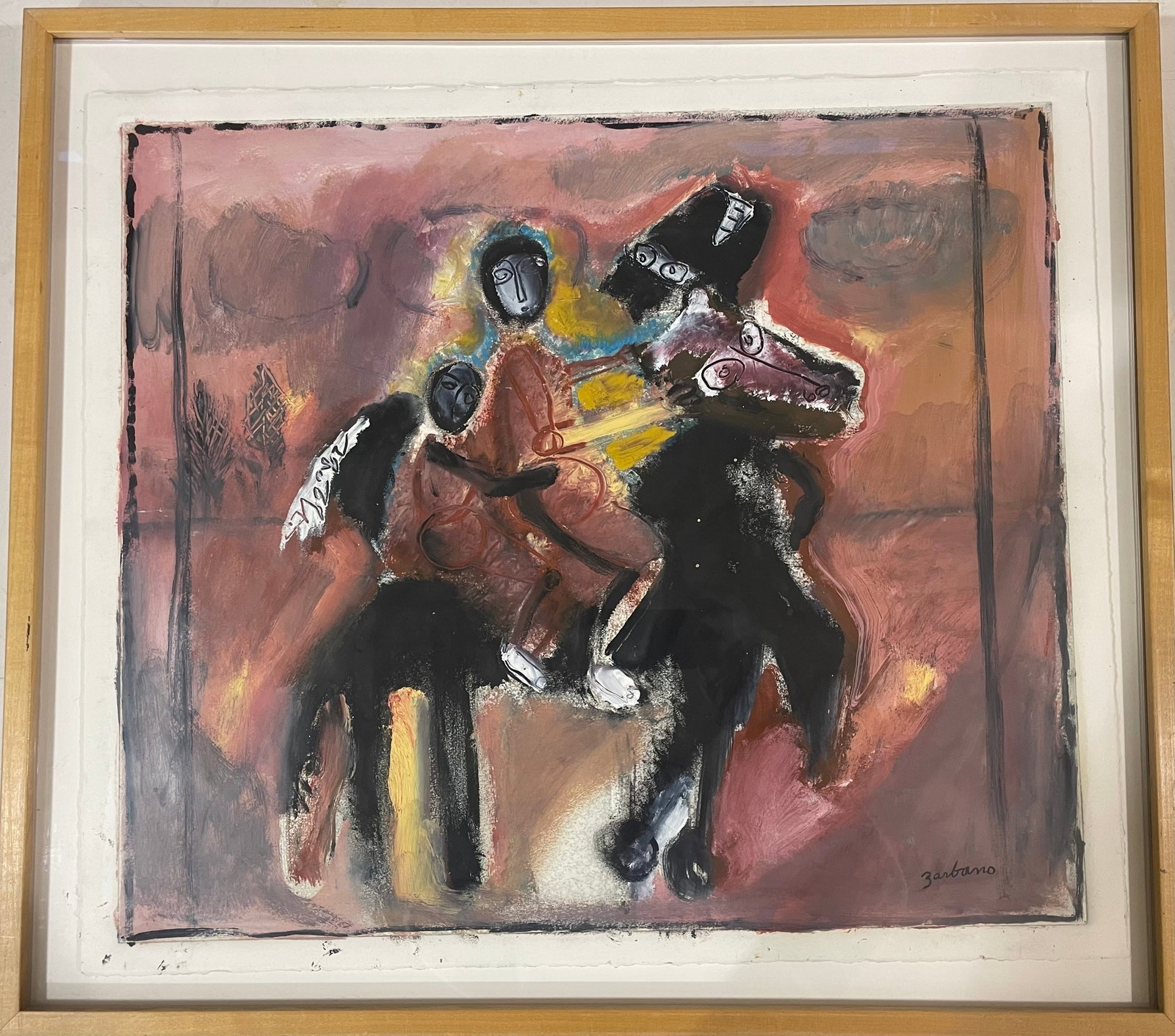Journey: Artist:Mary Zarbano Title:Journey Description:Abstract figurative riders on a horse; framed under Plexiglass ?floating on matt with deckled edges. Mary Zarbano was an American artist, born in