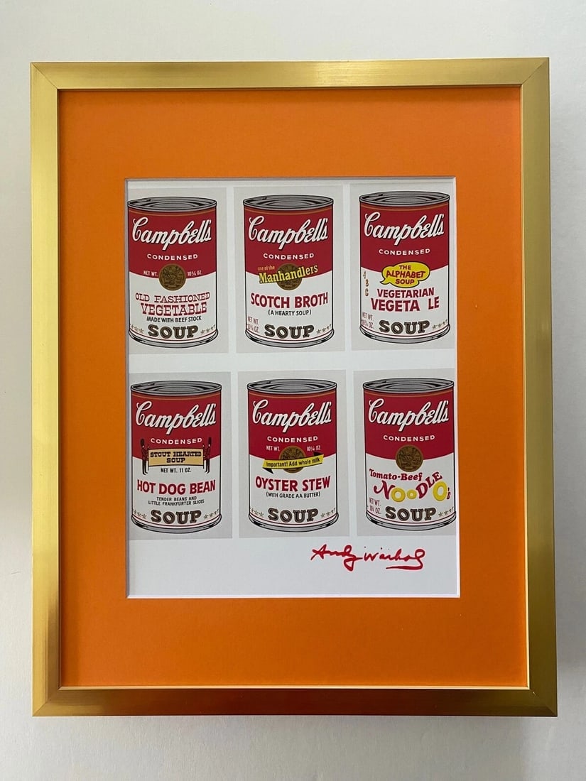 ANDY WARHOL GORGEOUS 1984 SIGNED SOUP CANS PRINT MATTED 11X14: This is an Awesome and Scarce 1984 Print after Andy Warhol FACSIMILE SIGNATURE IN RED INK " SOUP CANS " from - His Portraits Collection- Professionally Matted to be Framed at Home on your Favorite 11