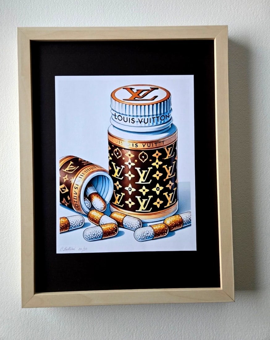 Chiara Bellini Louis Comfort Pills Original Hand Signed Print COA: Louis Vuitton Comfort Pills by Chiara Bellini Series: Shopping Therapy Artist: Chiara Bellini Title: Chanel Comfort Pills Edition: Limited edition of 50 Size: 17x13in Framed Medium: Gicl?e print on