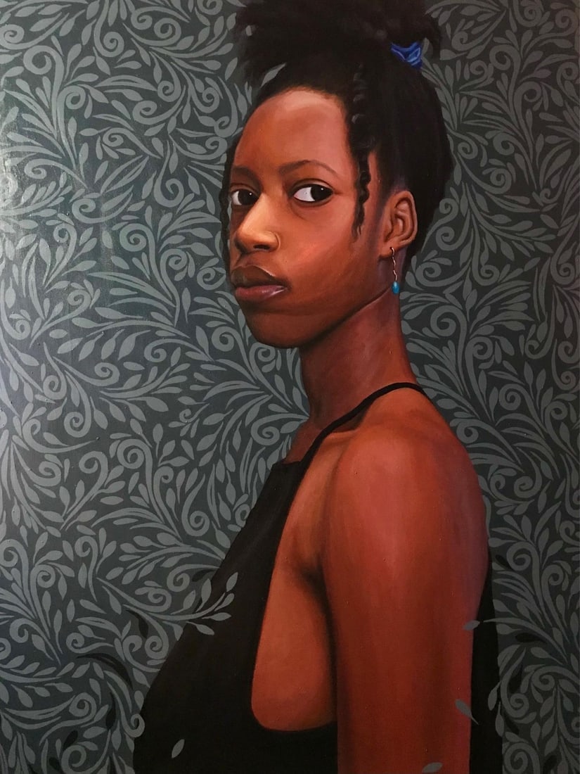 Kehinde Mayowa, Enameled With Grace, 2023: Creator: Kehinde Mayowa (1994, Nigerian) Creation Year: 2023 Dimensions: Height: 48 in (121.92 cm)Width: 36 in (91.44 cm)Depth: 1 in (2.54 cm) Medium: Canvas,Acrylic Movement & Style: Contemporary Per