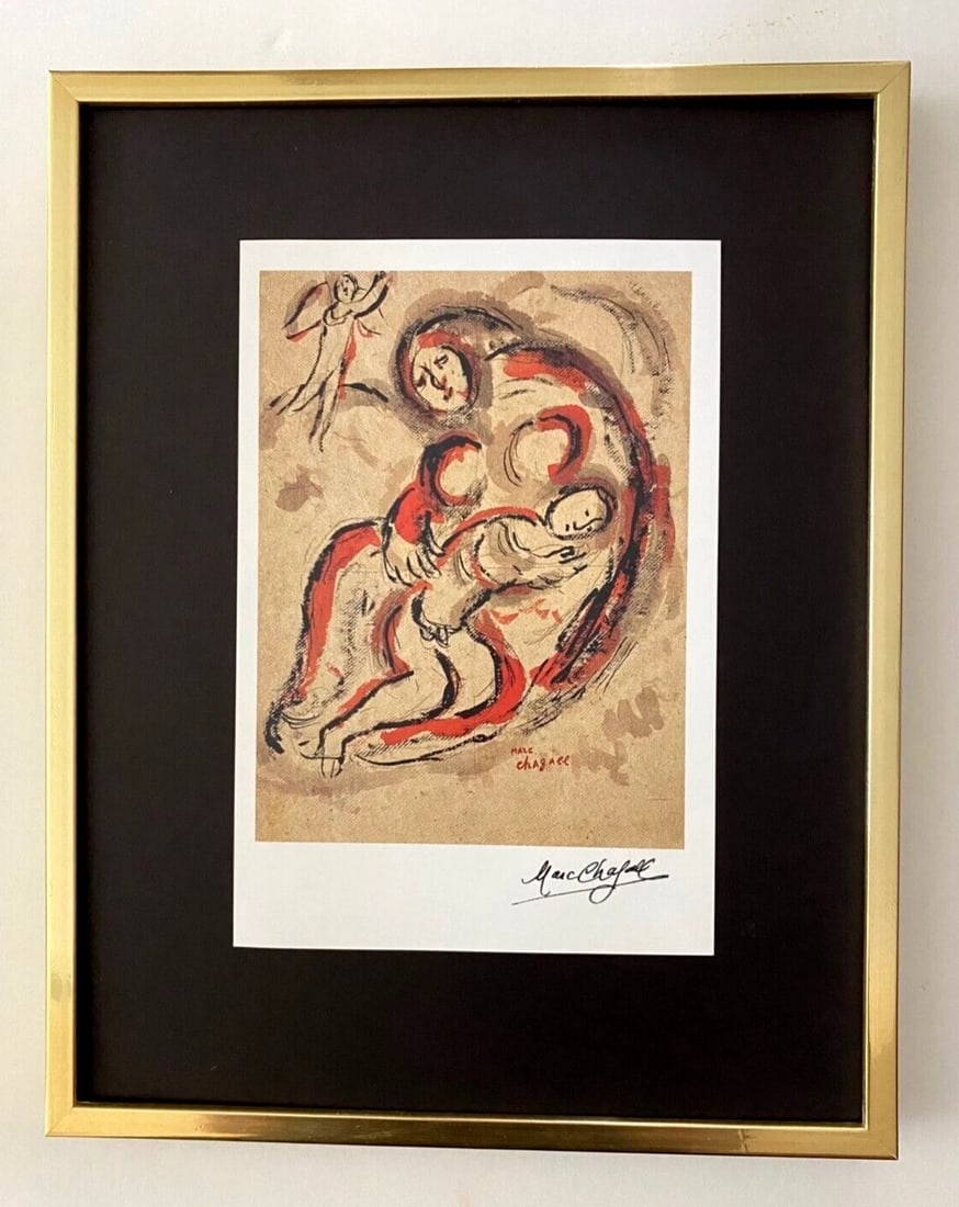 MARC CHAGALL | VINTAGE 1985 | SIGNED PRINT OF THE BIBLE | MOUNTED AND FRAMED: Beautiful and Scarce Vintage 1985 Print After Marc Chagall " Drawing for the Bible " Facsimile Signature in Ink Art Print is about 8 X 6 in. This piece is mounted on a 11 x 14 in. black acid free