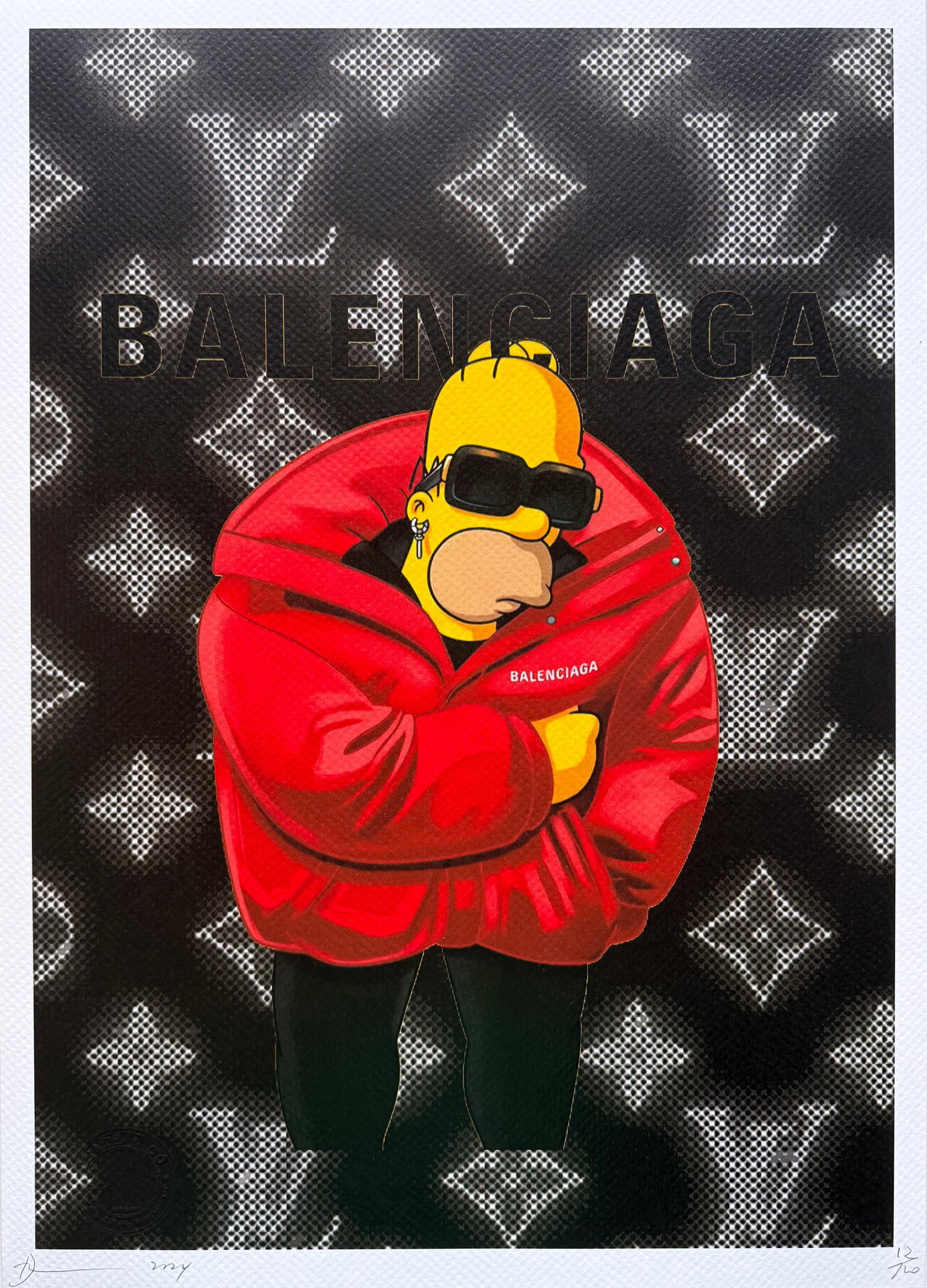 Death NYC Balenciaga Simpson LV: Title:Death NYC Balenciaga Simpson LV Date/Period:21st Century Materials:Giclee on Fine art 300 gsm paper Size:17 3/4 x 12 1/2 inches Description:Artist: Death NYC, limited edition giclee on paper, ou