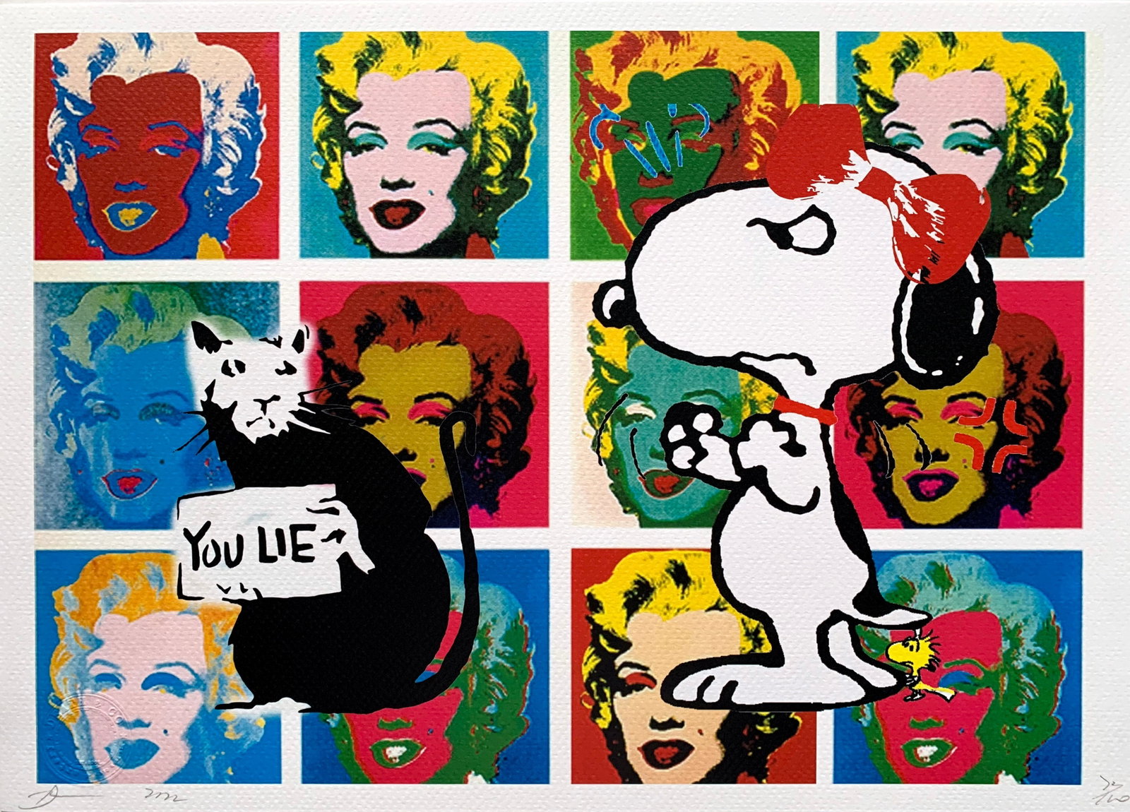 Death NYC Monroe Snoopy Banksy: Title:Death NYC Monroe Snoopy Banksy Date/Period:21st Century Materials:Giclee on Fine art 300 gsm paper Size:17 3/4 x 12 1/2 inches Description:Artist: Death NYC, limited edition giclee on paper, out