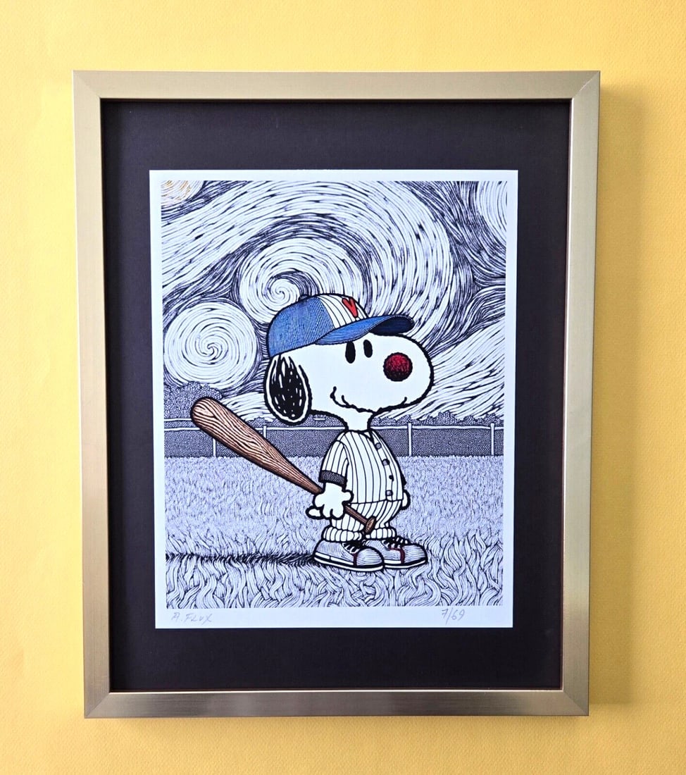 AIDAN FLUX | Hand Signed Authentic Print Framed Snoopy Playing Baseball | COA: This is a one-of-a-kind Hand Signed Authentic Giclee by AIDAN FLUX. From his Series "American Icons" The artist has created a stunning piece of art that features a powerful message about women's