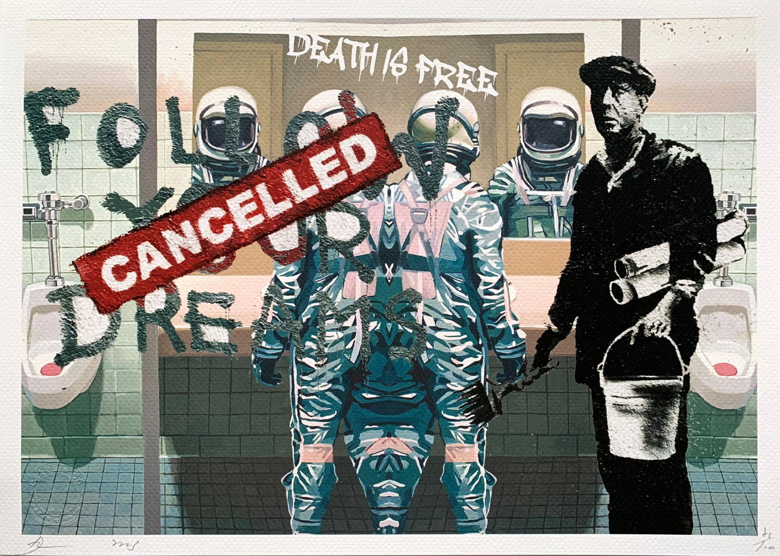 Death NYC Banksy Follow your dreams cancelled: Title:Death NYC Banksy Follow your dreams cancelled Date/Period:21st Century Materials:Giclee on Fine art 300 gsm paper Size:17 3/4 x 12 1/2 inches Description:Artist: Death NYC, limited edition