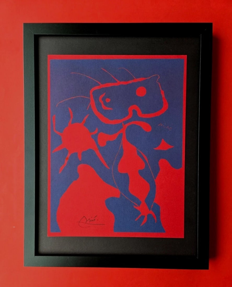 Joan Miro | Vintage 1958 Signed Colorful Print | Mounted and Framed: Up for Auction this Beautiful and Scarce Vintage 1958 Offset Lithograph JOAN MIRO Facsimile Signature in ink. This piece is Mounted and framed in a New Frame 16x12. This is an Original Vintage 1958