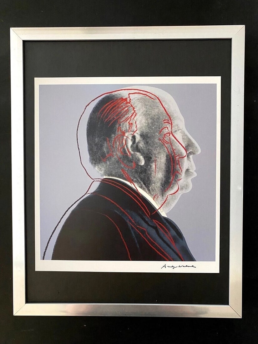 Andy Warhol | Vintage 1984 Alfred Hitchcock Print Signed | Mounted and Framed: Up for Auction this Beautiful and Scarce Vintage 1984 Offset Lithograph after Andy Warhol " Alfred Hitchcock " Facsimile Signature in ink Art Print is about 10 X 9 1/2 in. This piece is mounted on a