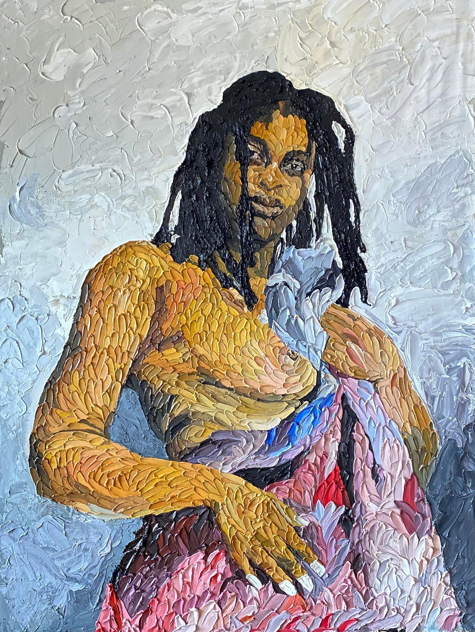 Okeowo Oluwaferanmi, It's Always Too Soon To Quit, 2023: Creator: Okeowo Oluwaferanmi (1993, Nigerian) Creation Year: 2023 Dimensions: Height: 58 in (147.32 cm)Width: 43 in (109.22 cm)Depth: 1 in (2.54 cm) Medium: Canvas,Oil Movement & Style: Contemporary