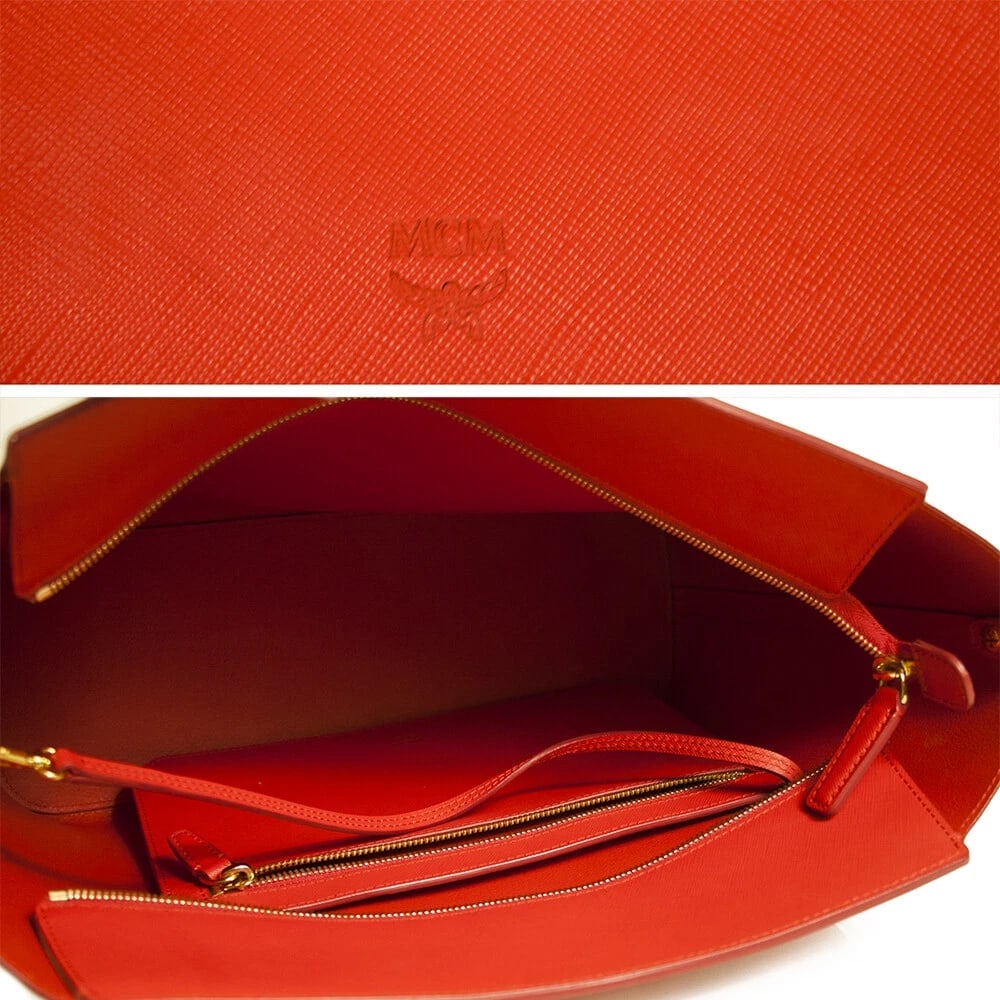 MCM coral red saffiano leather large Project tote shopper bag - 7
