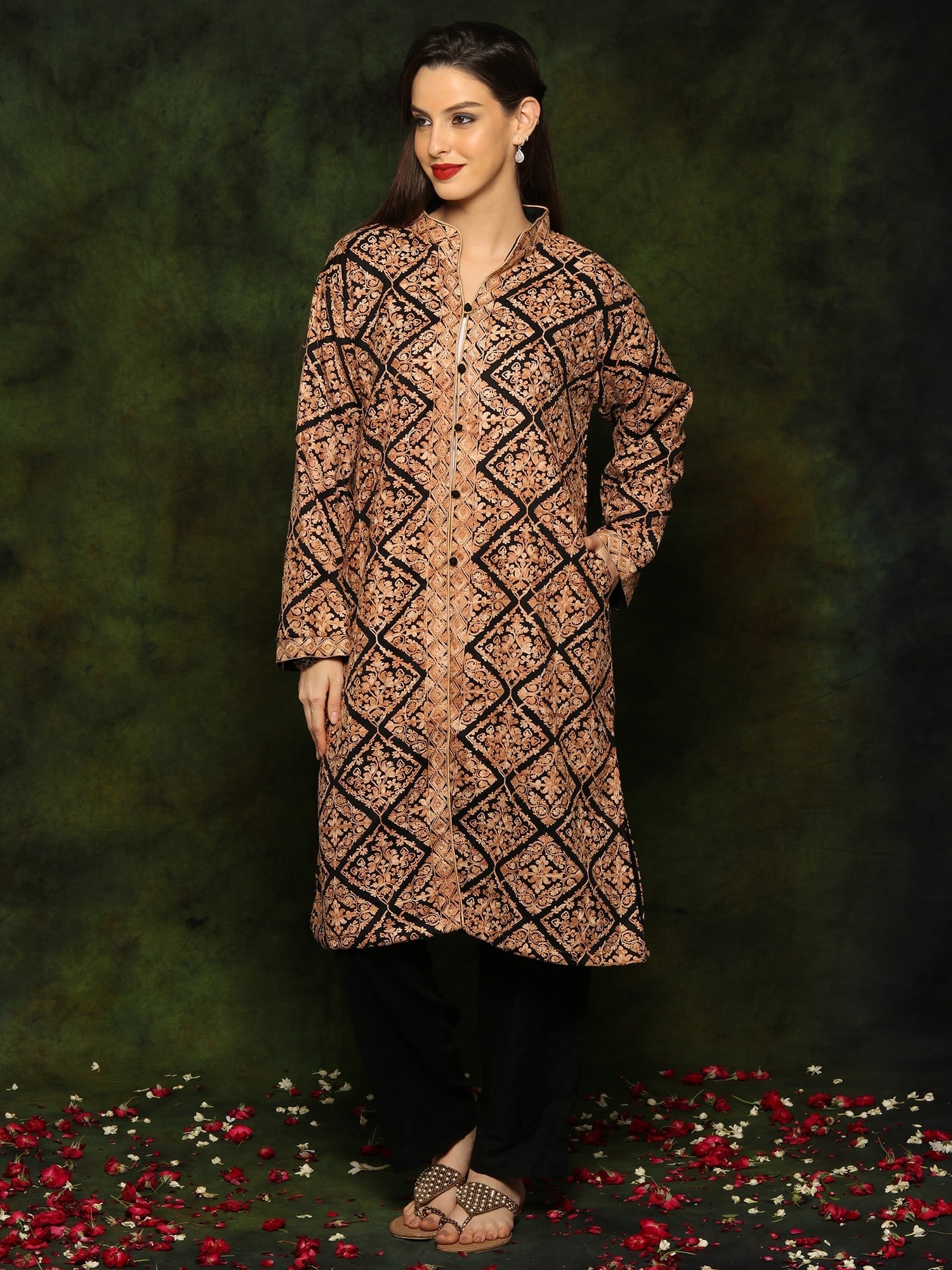 Black Woolen Long Jacket with Detailed Floral and Paisley Golden Aari Embroidery From Kashmir - 2
