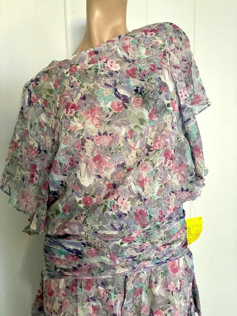 Vintage 1980s Drop Waist 20s Style Chiffon Dress Sz S M - 4