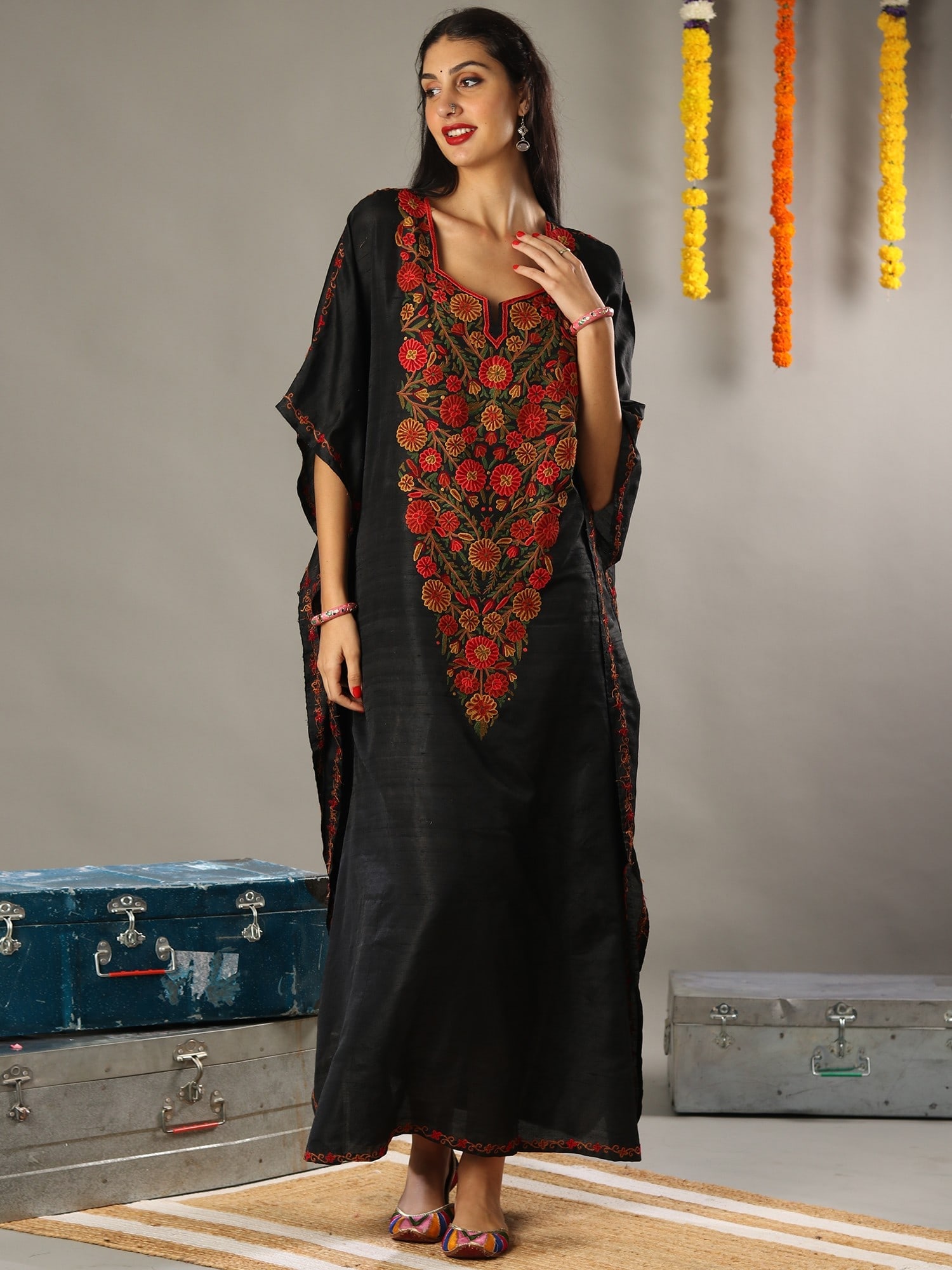 Charcoal Black Silk Kaftan with Multicolored Aari Embroidery from Kashmir - 2