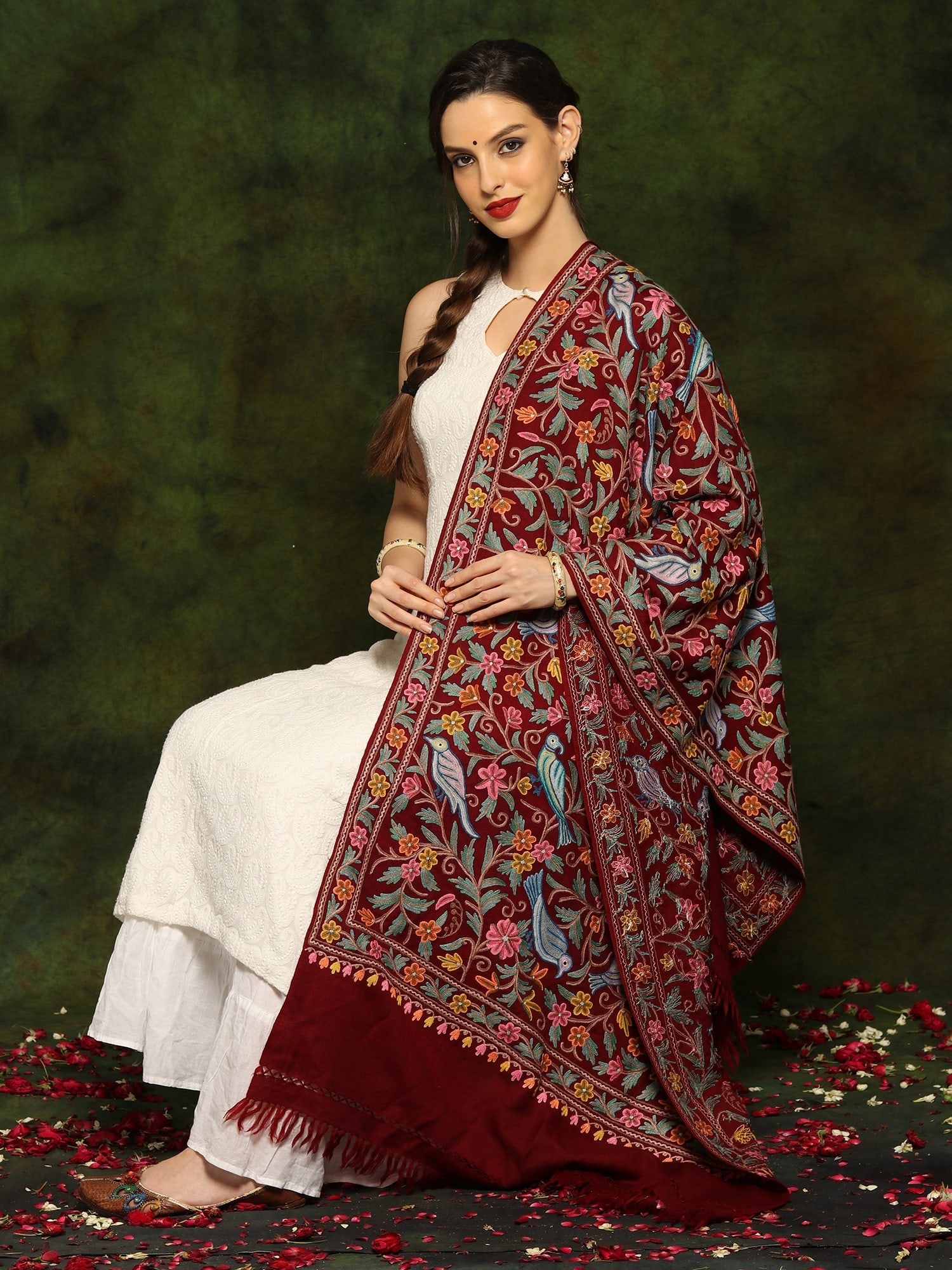Wine Colored Fine Woolen Kashmiri Shawl with Heavily Detailed Traditional Bird and Floral Aari - 2