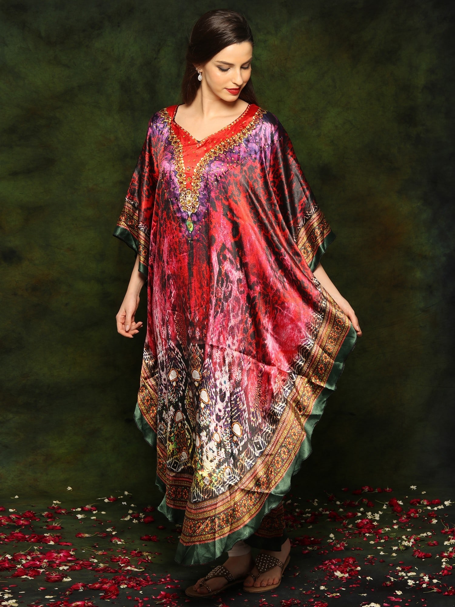 Multicolored Satin Kaftan with Mediterranian Print and Studded Stones - 2