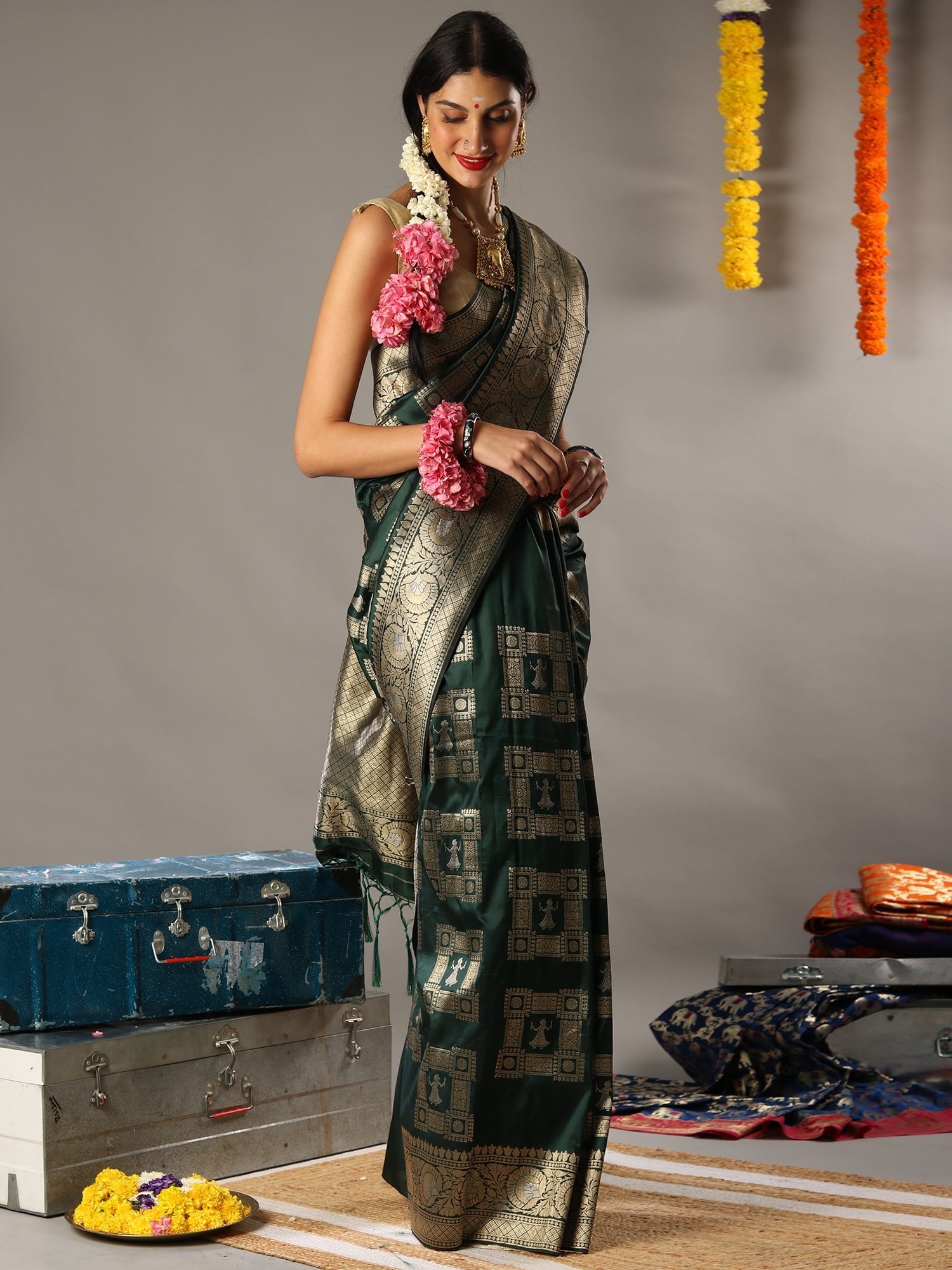 Greener Pastures Banarasi Silk Handloom Saree with Tassel Pallu - 2