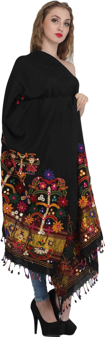 Shawl from Kutch with Hand-Embroidery and Mirrors - 2