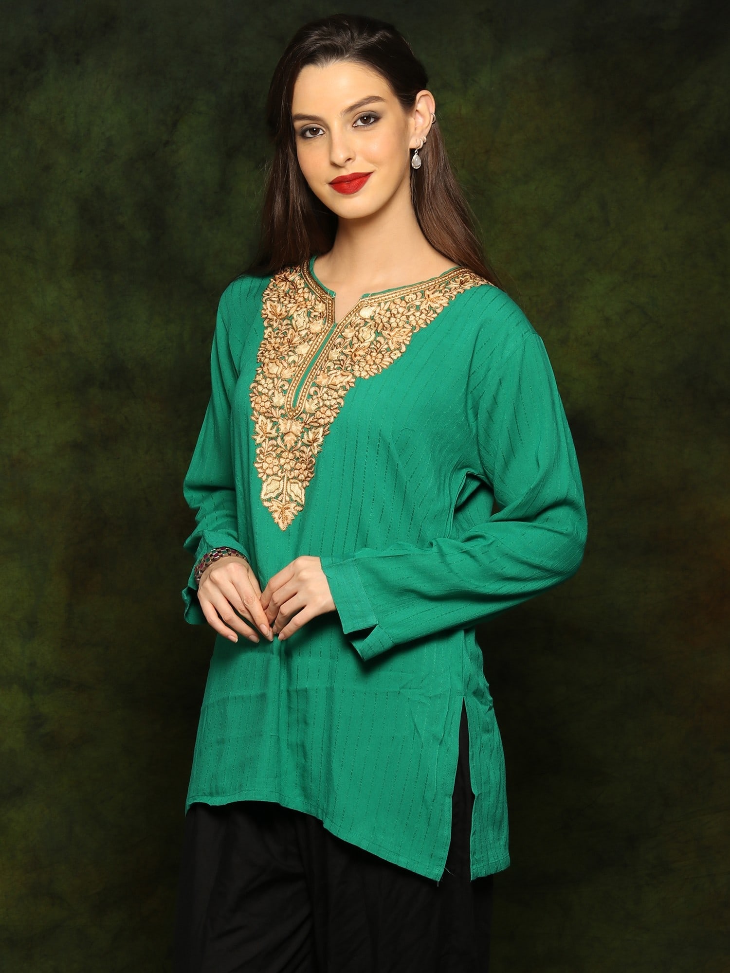 Sea Green Rayon Kurti with Detailed Floral Embroidery on Neck from Kashmir - 2