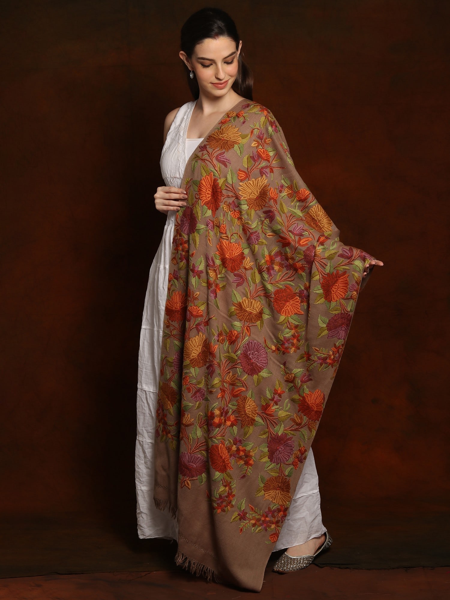 Khaki Brown Woolen Shawl with Multicolored Aari Floral Embroidery - 2