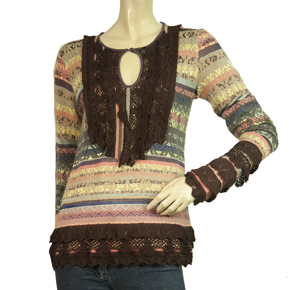 Christian Lacroix Multicolor Top w. Crochet Knit Ruffles Woolen Sweater size XL (1 of 6)