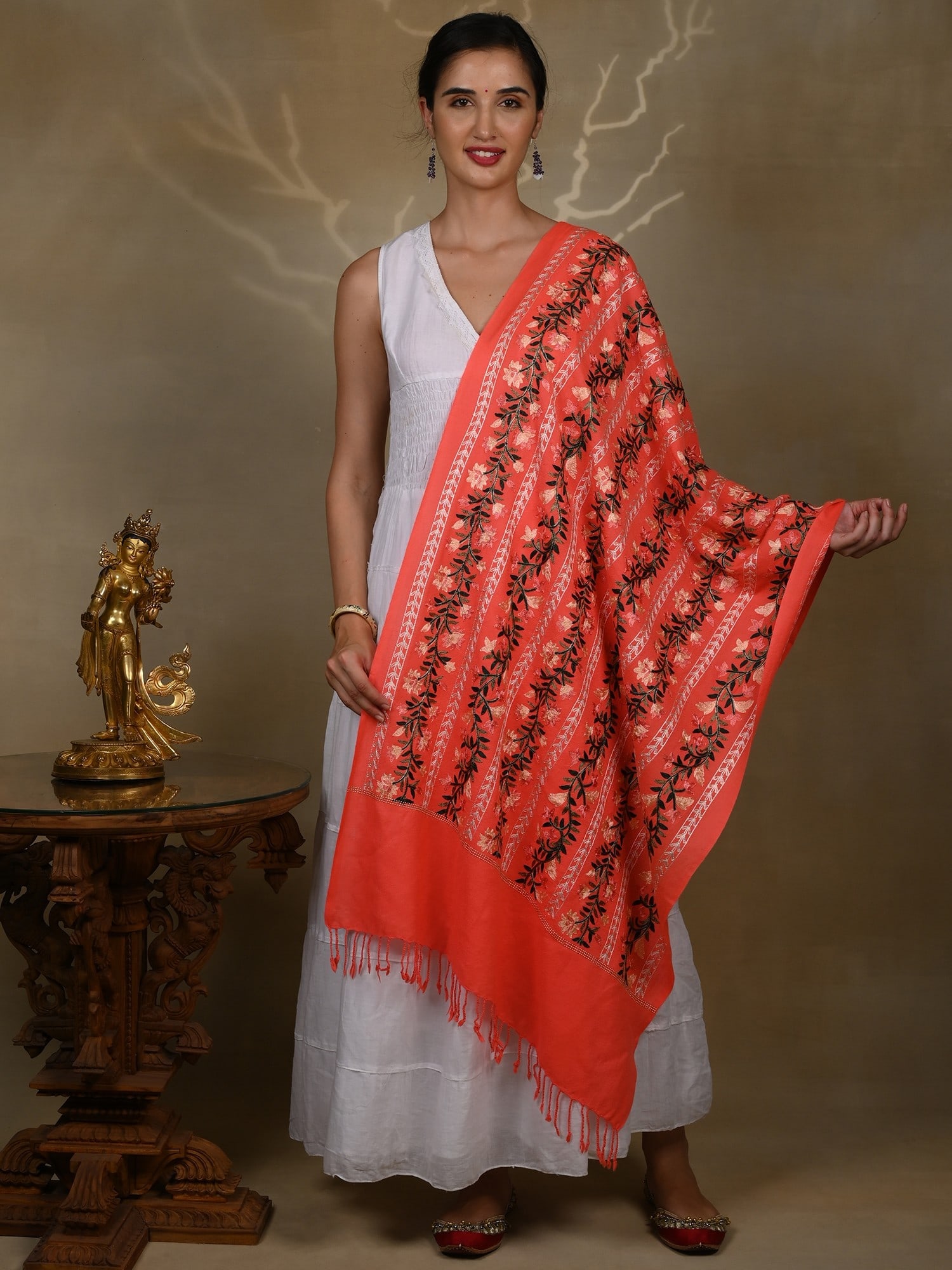 Pure Woolen Stole with Sequins Floral Garland and Motif Multicolored Threadwork from Kashmir - 2