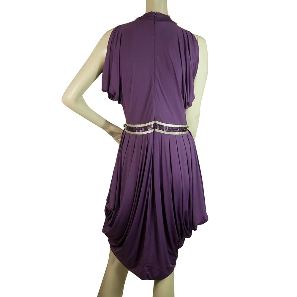 Pinko Purple Draped Empire Waist Beads Sequins Sleeveless Knee Dress sz L - 2