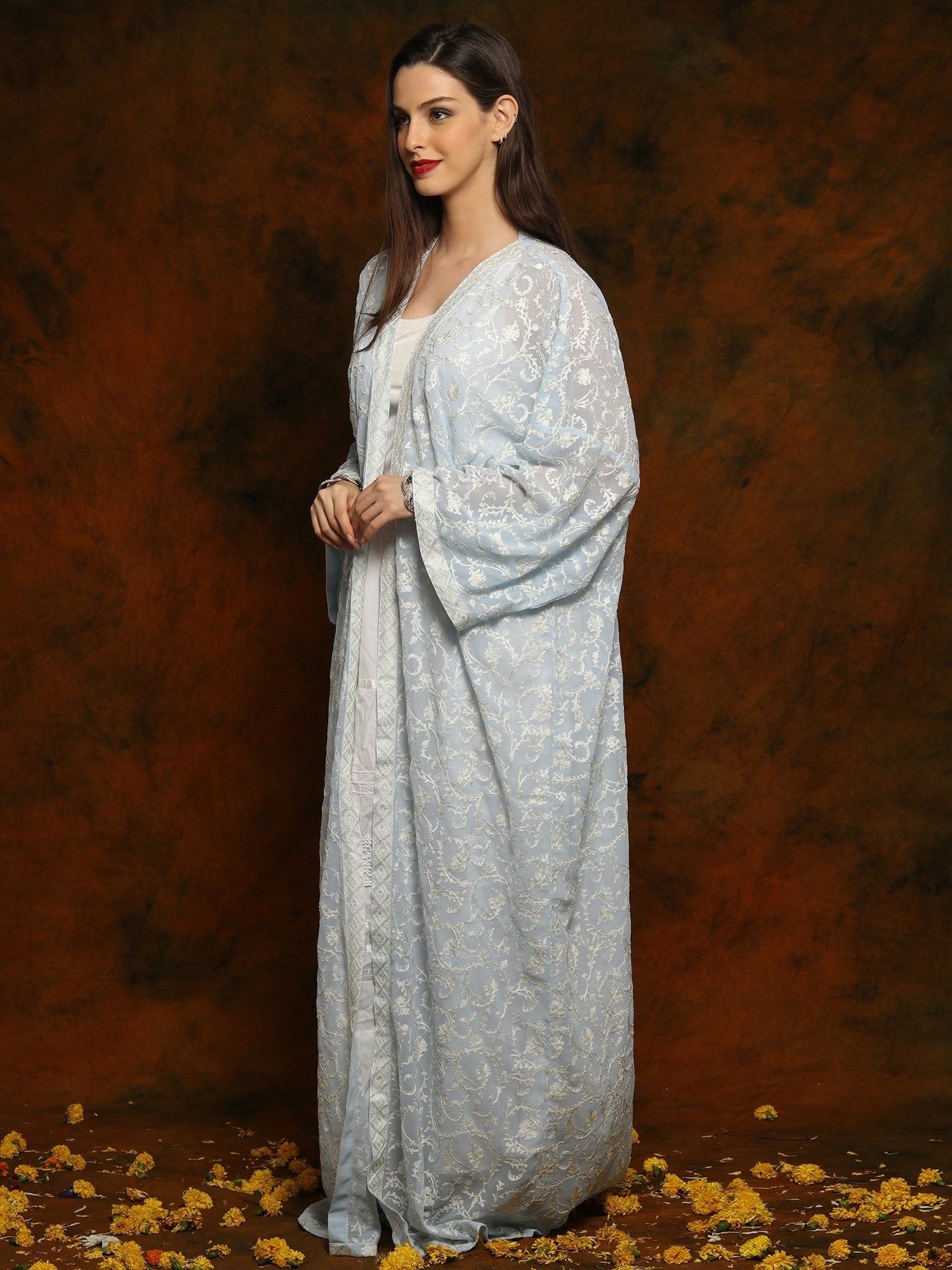 Light Blue Georgette Long Bisht with Detailed Floral and Paisley White Aari Embroidery - 2