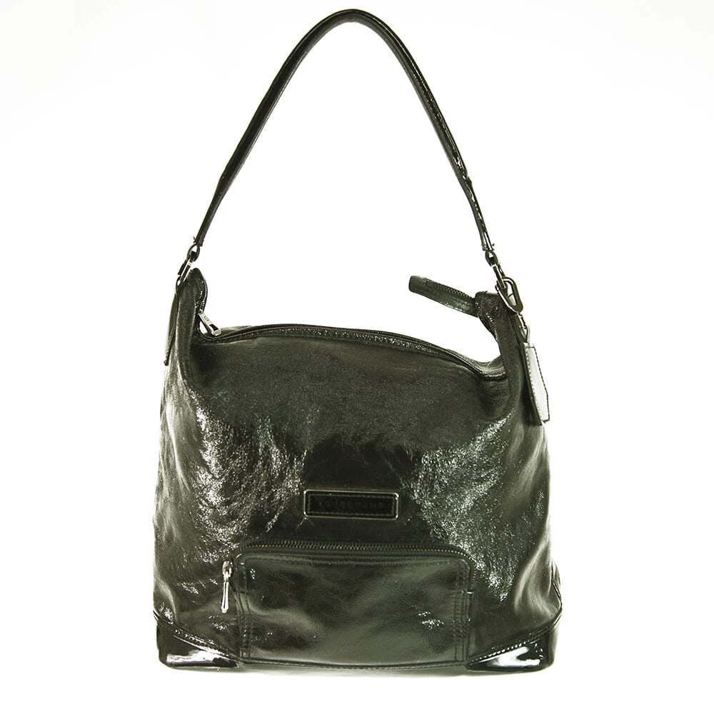 Longchamp Black Shiny Leather Front Pocket Zipper Top Hobo Shoulder bag Handbag (1 of 9)