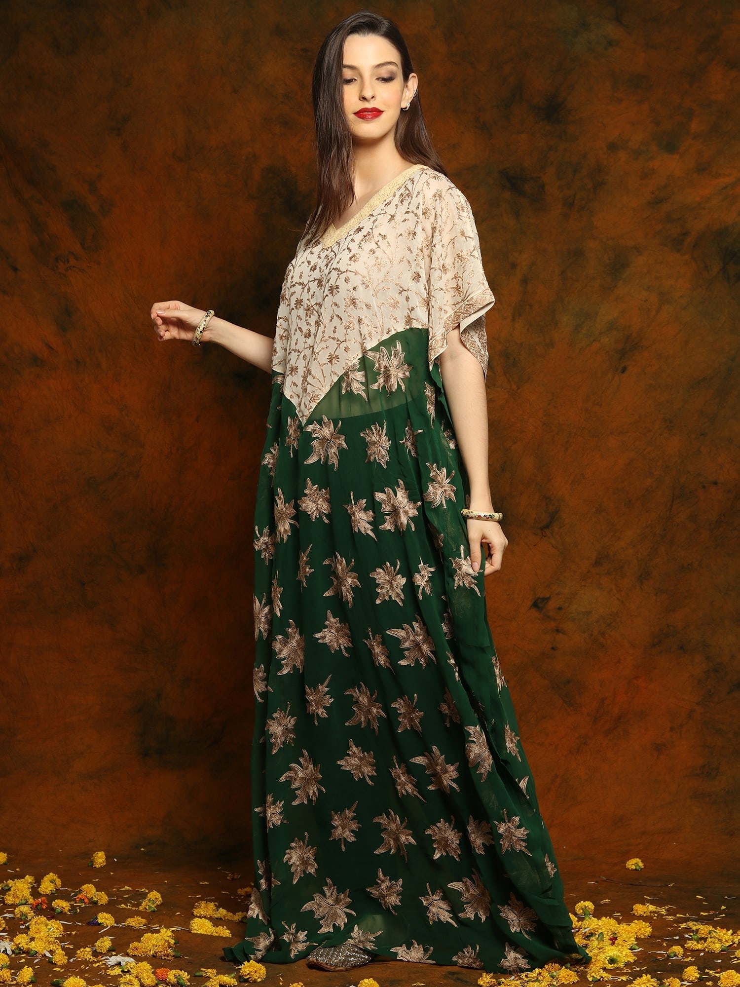 Bottle Green Georgette Long Kaftan with over Golden Embroidery and Lace on the Neck - 2