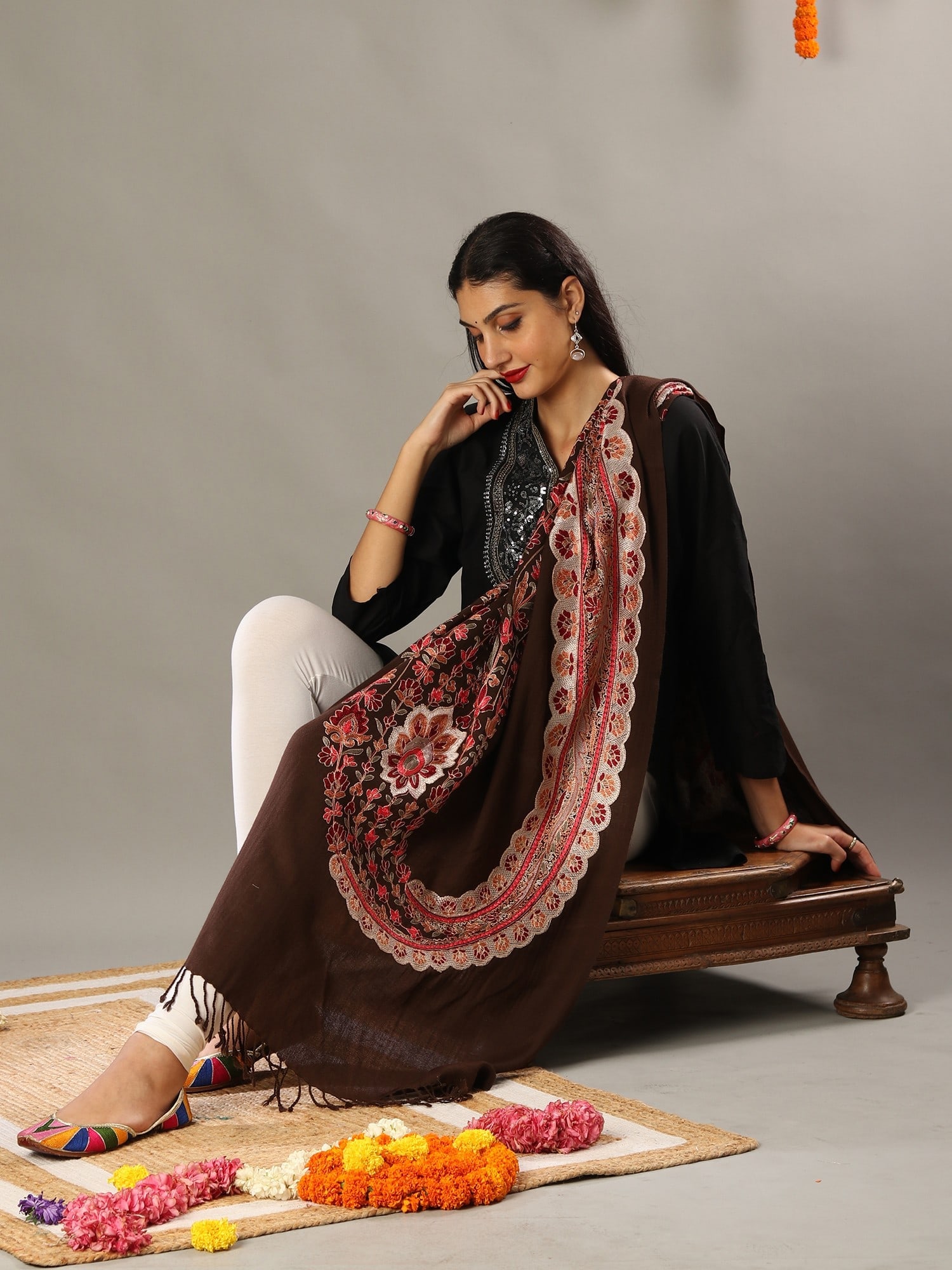 Aari Embroidered Brown Fine Wool Stole with Detailed Multicolored Traditional Kashmiri Motifs and - 2