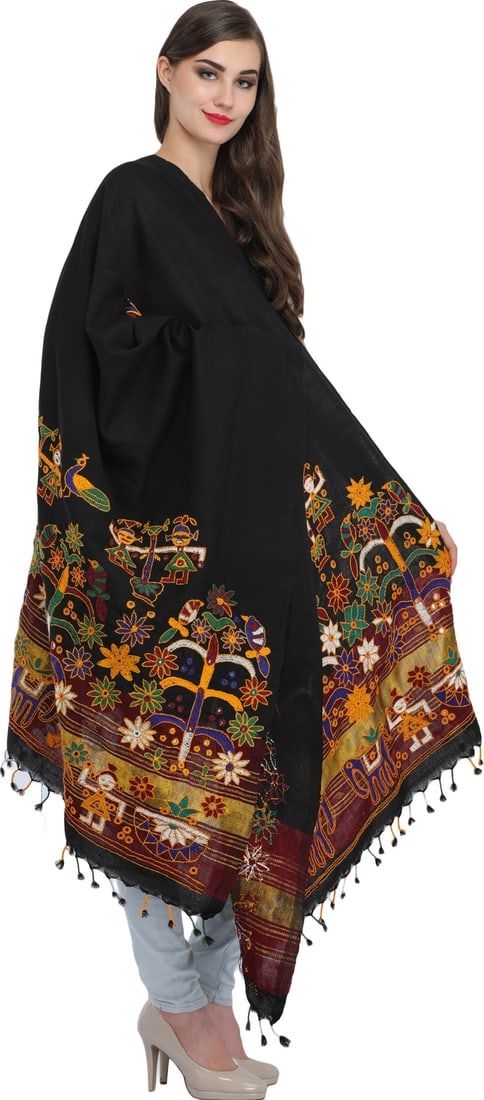 Shawl from Kutch with Hand-Embroidery and Mirrors - 2