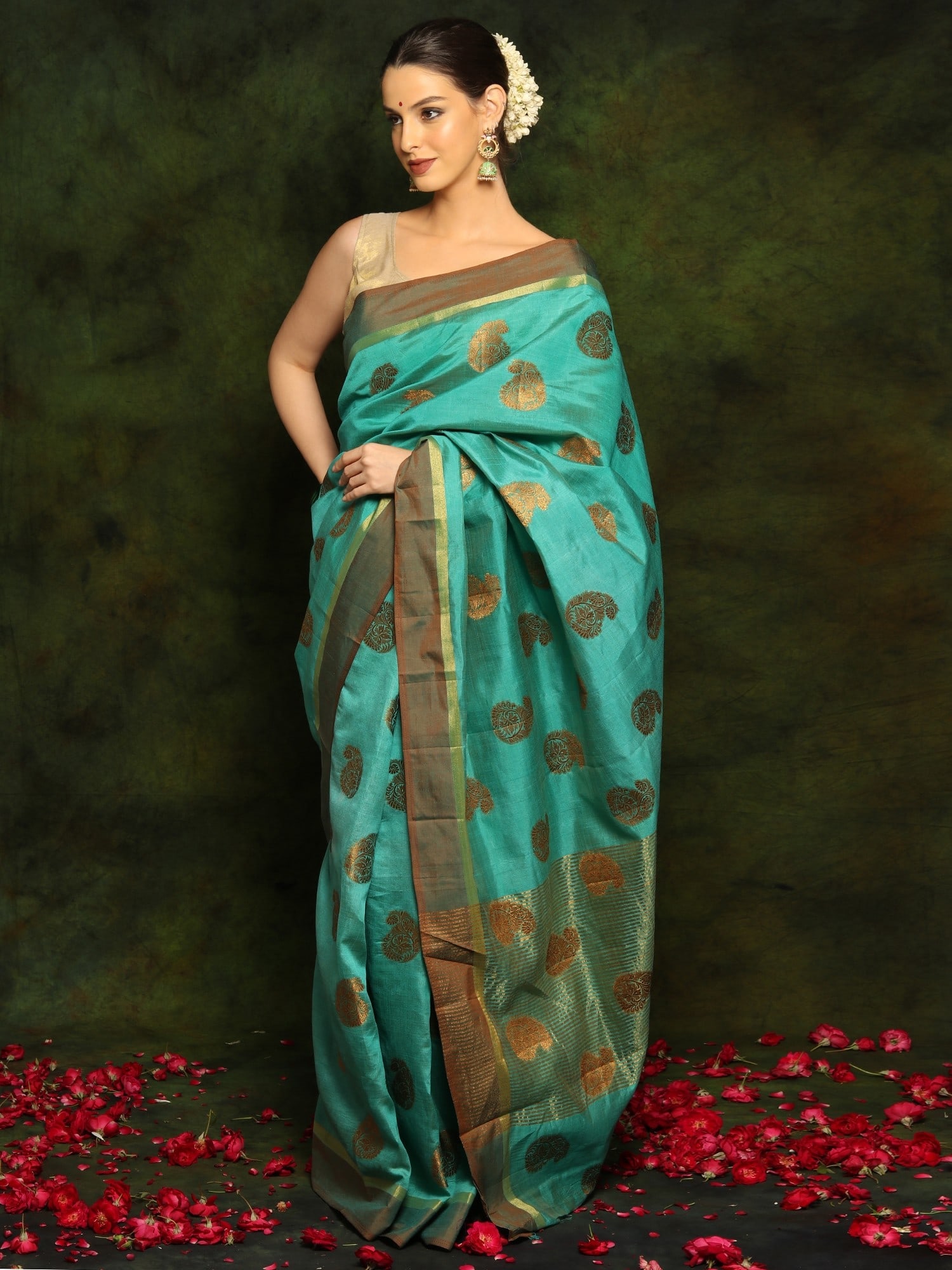 Art Silk Saree with Golden Stripes and Traditional Paisley Motifs All Over - 2