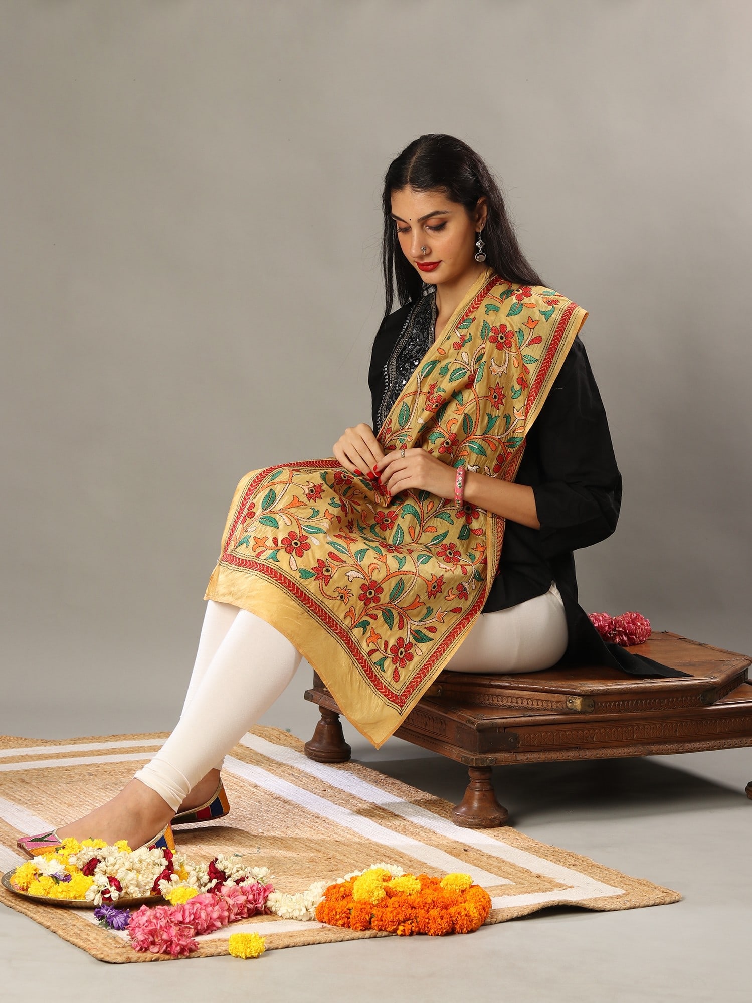 Yellow Ochre Cotton Semi Silk Stole with Multicolored Kantha Embroidery - 2