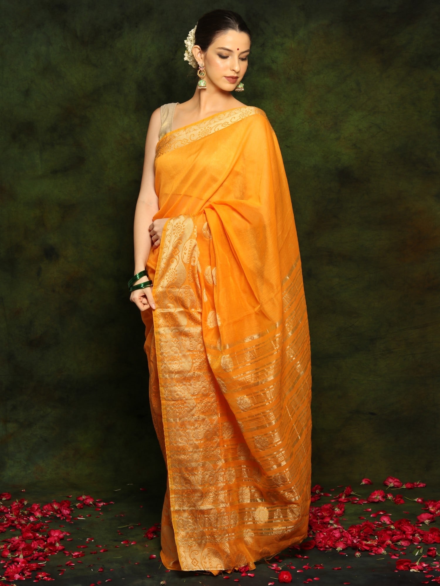 Bengali Poly Cotton Marigold Yellow Saree with Traditional Golden Zari Embroidery - 2