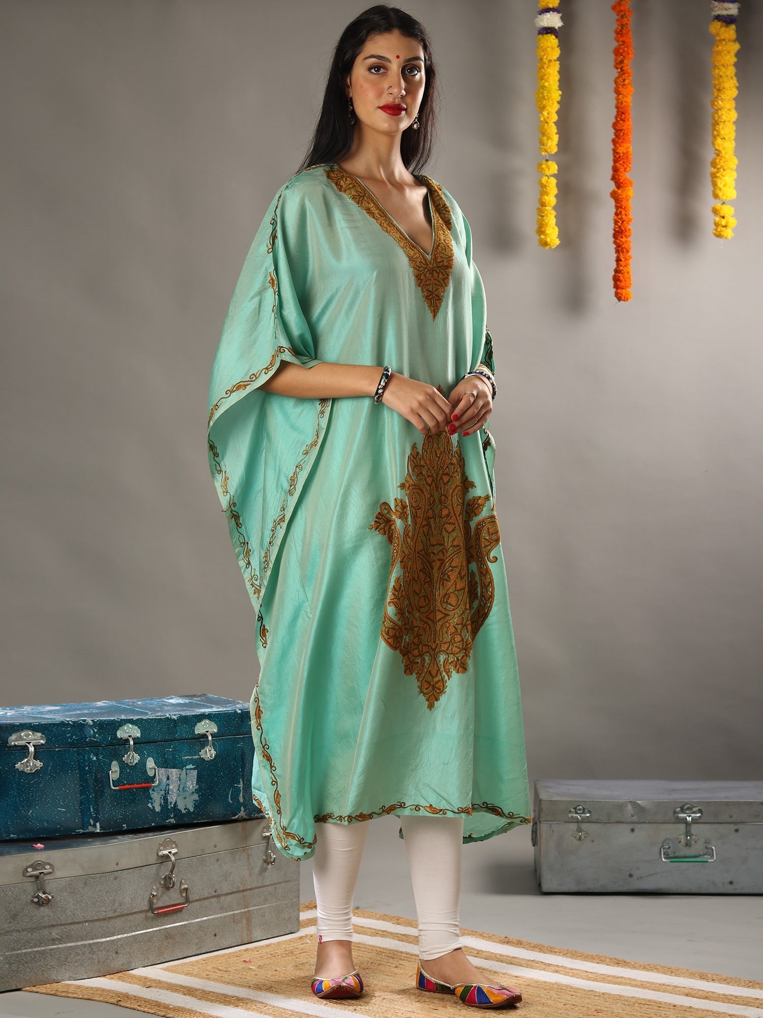Aari Floral Embroidery Turqouise Satin Kaftan with Detailed Colorful Traditional Kashmiri Motifs - 2