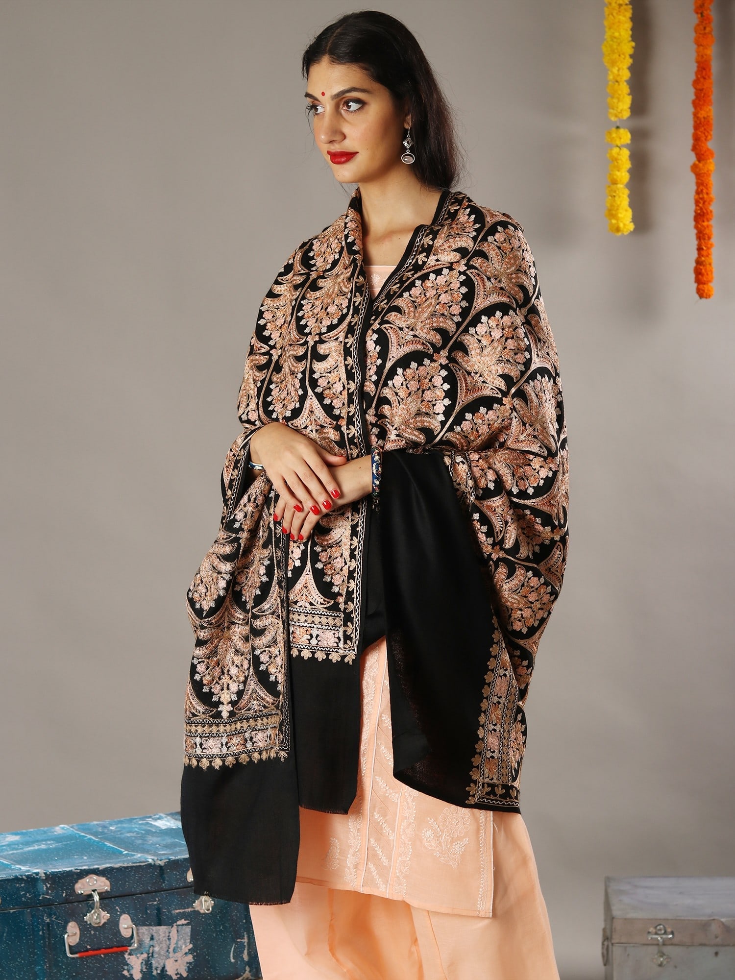 Amritsari Chain Stitch Satin Aari Embroidered Mughal Motif Pure Wool Shawl - 2