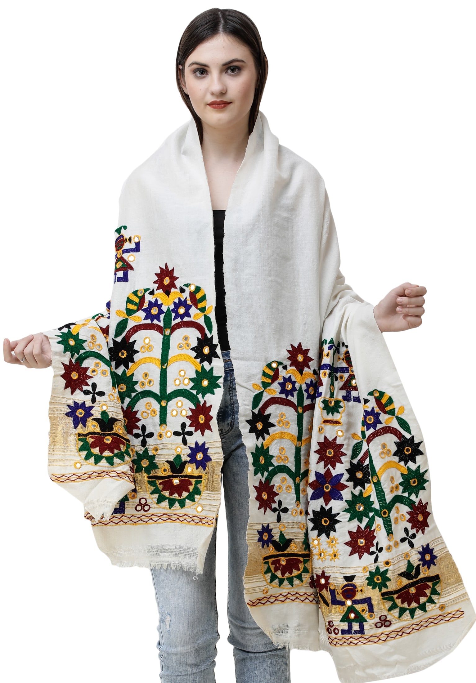 Shawl from Kutch with Hand-Embroidery and Mirrors: Title:Shawl from Kutch with Hand-Embroidery and Mirrors Description:With the most fascinating history, Gujarat has been representing India by producing textiles that are intricately linked to its past